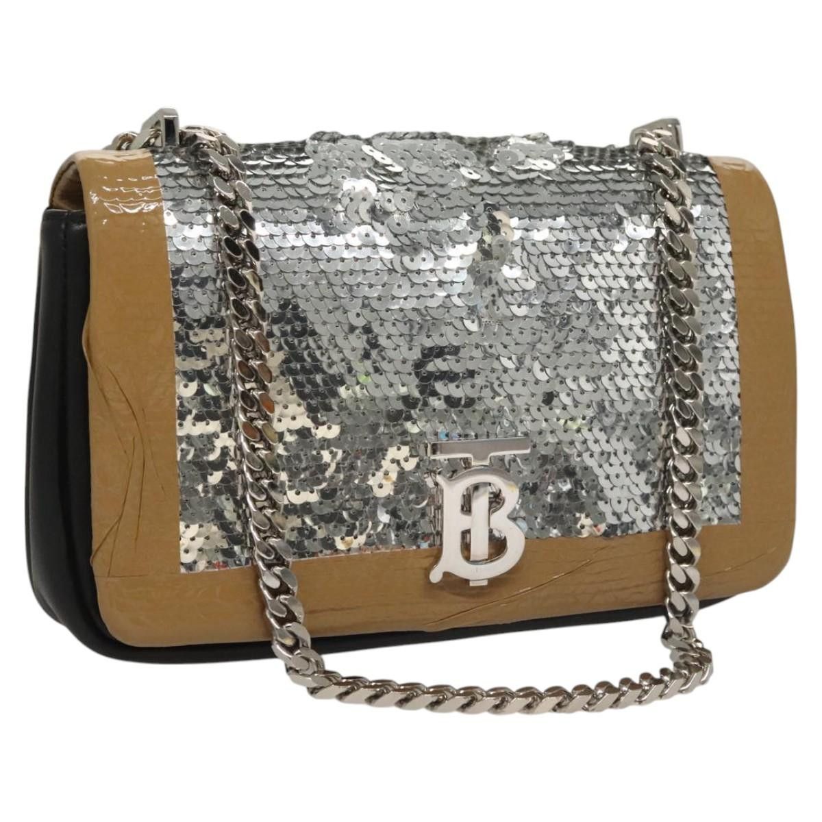 Burberry Sequin Chain Shoulder Bag Leather Silver Auth Ba1535, Women's
