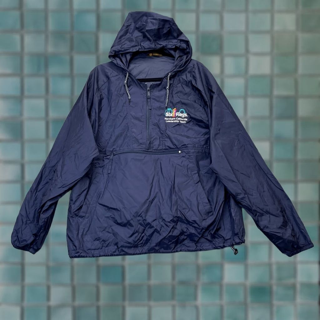 Vintage Six Flags Jacket Men Large Blue Embroidered Logo Zip Hooded Windbreaker Anorak Coat Active Wear Size US L / EU 52-54 / 3 - 1 Thumbnail