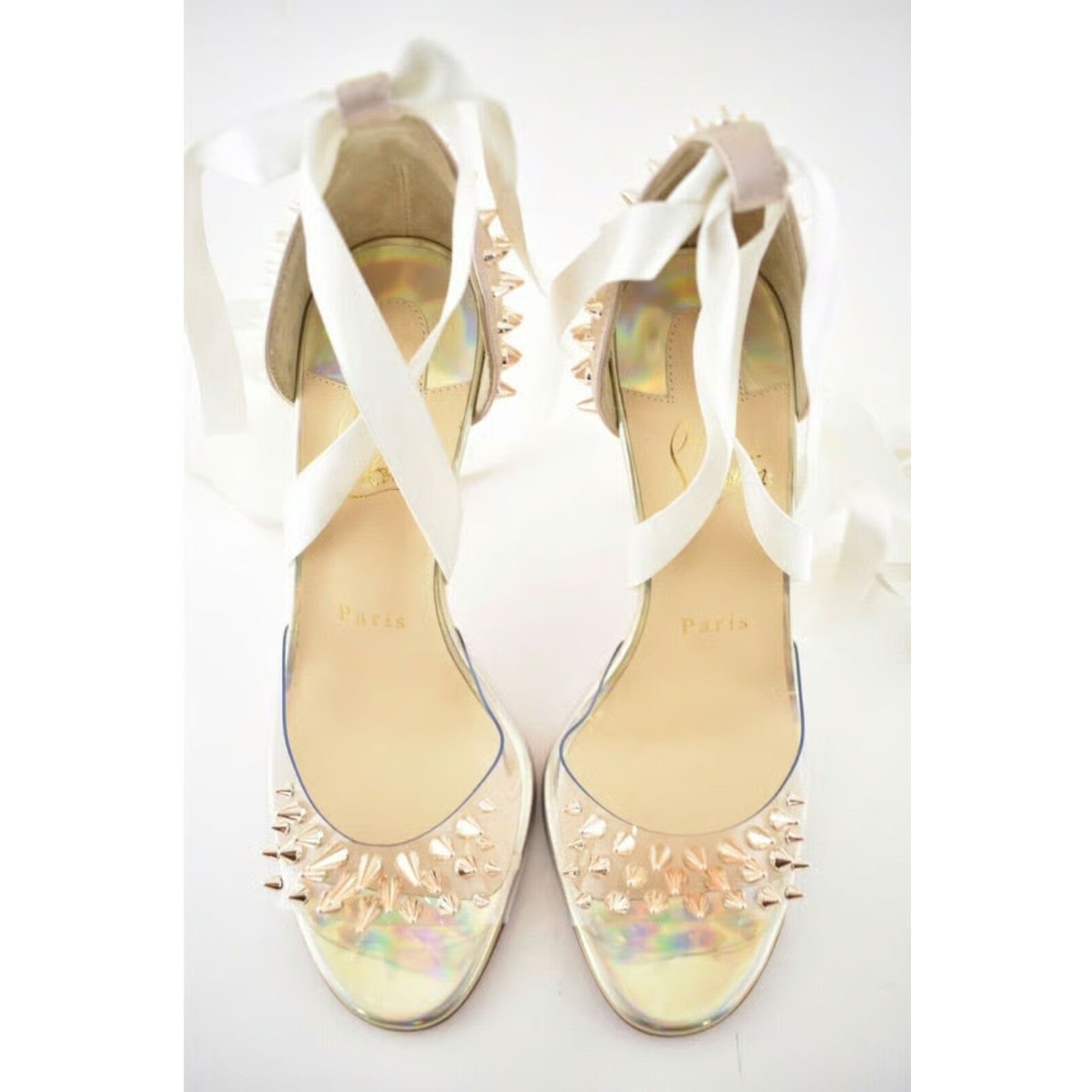 Christian Louboutin Barbarissima 100 Nude Gold PVC Lace Up Sandal Heel Pump 35.5 Size US 5.5 / IT 35.5 - 9 Thumbnail