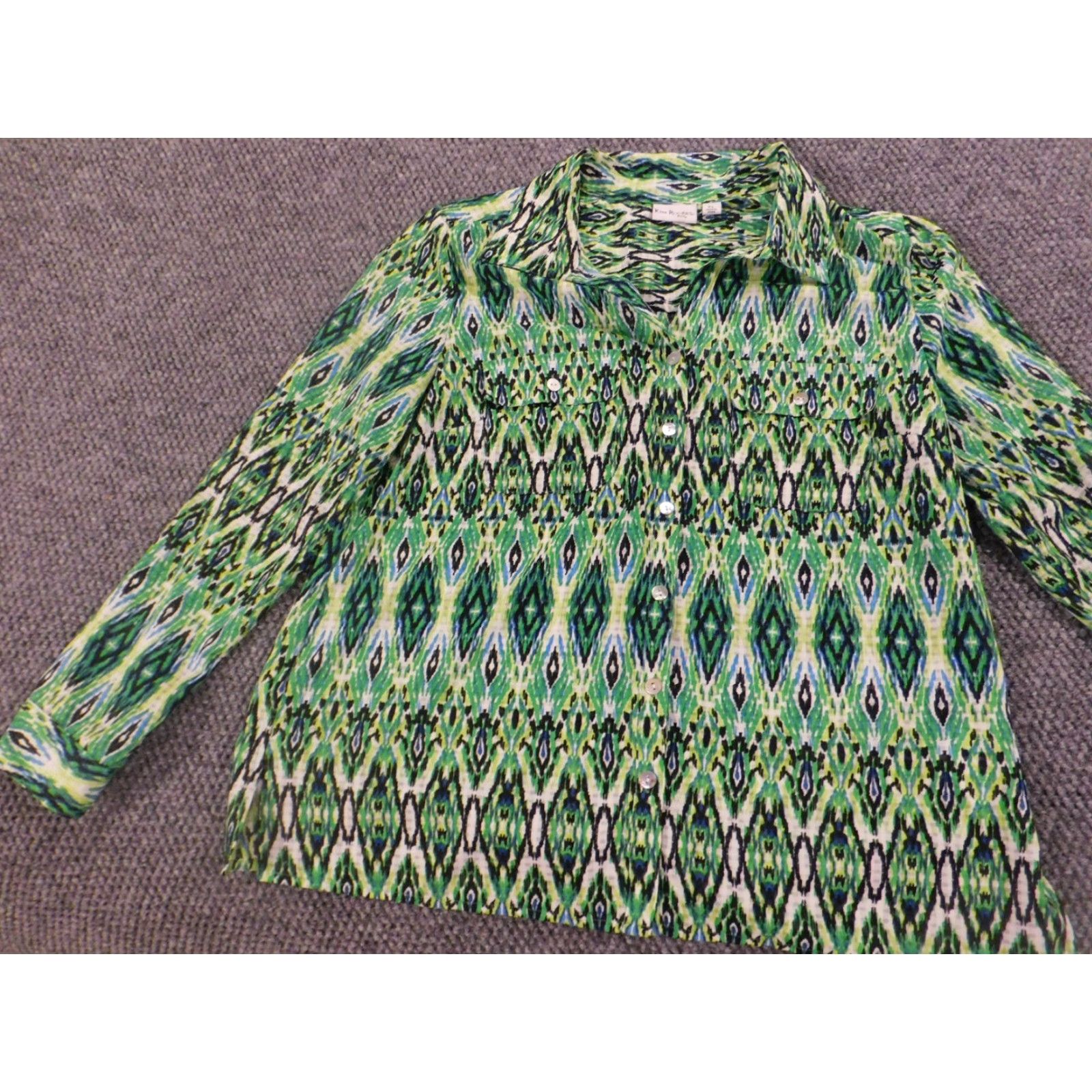 Vintage Kim Rogers Blouse Shirts Womens PL Petites Green Crew Neck Pullover Stretch Button Casual Cotton Rayon Regular Size L / US 10 / IT 46 - 3 Thumbnail