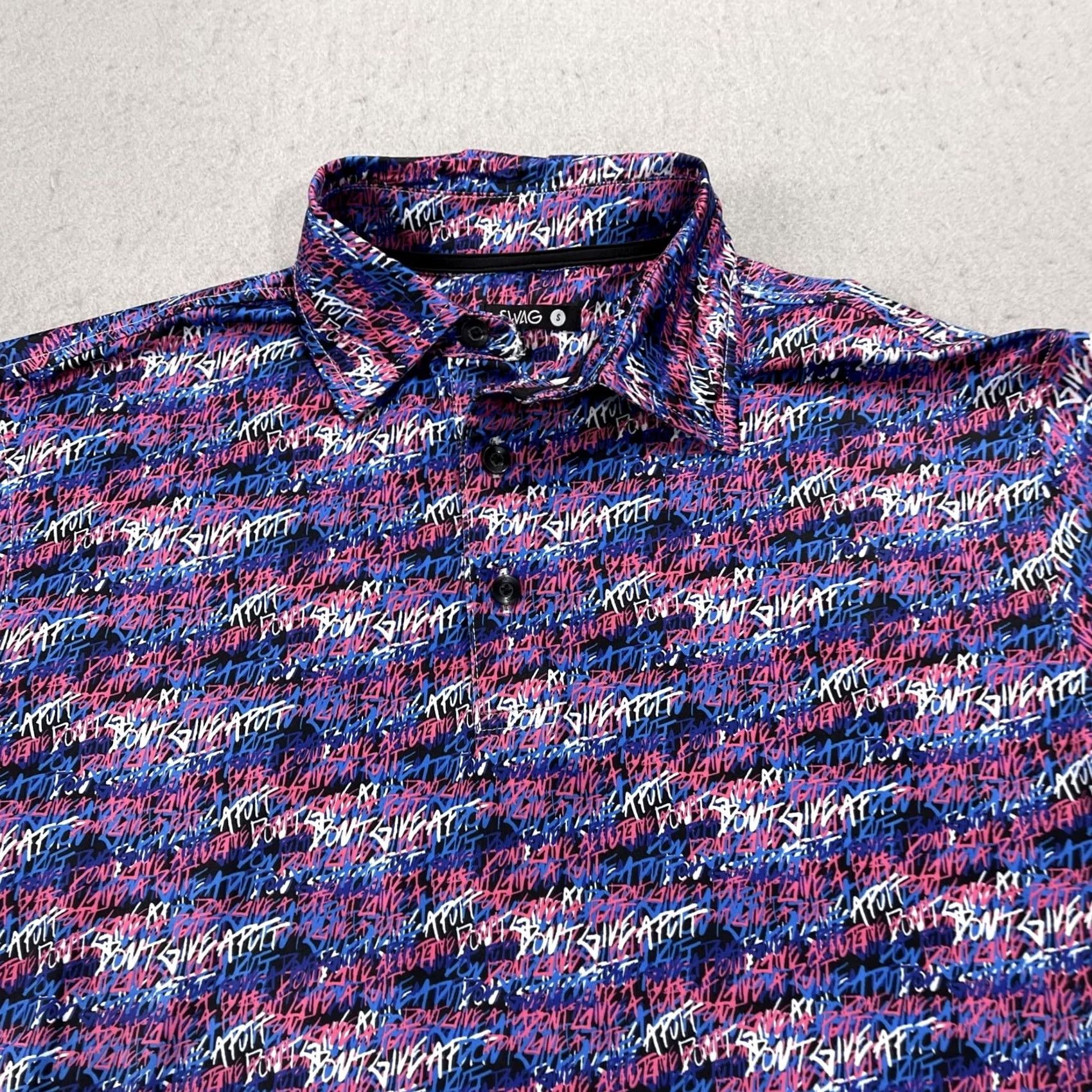 Vintage SWAG Polo Shirt Mens S Pink Golf Short Sleeve Collared Logo Skull Geometric Print Vibrant Abstract Tight Fit Summer Spring Blended Fabric Size US S / EU 44-46 / 1 - 2 Thumbnail