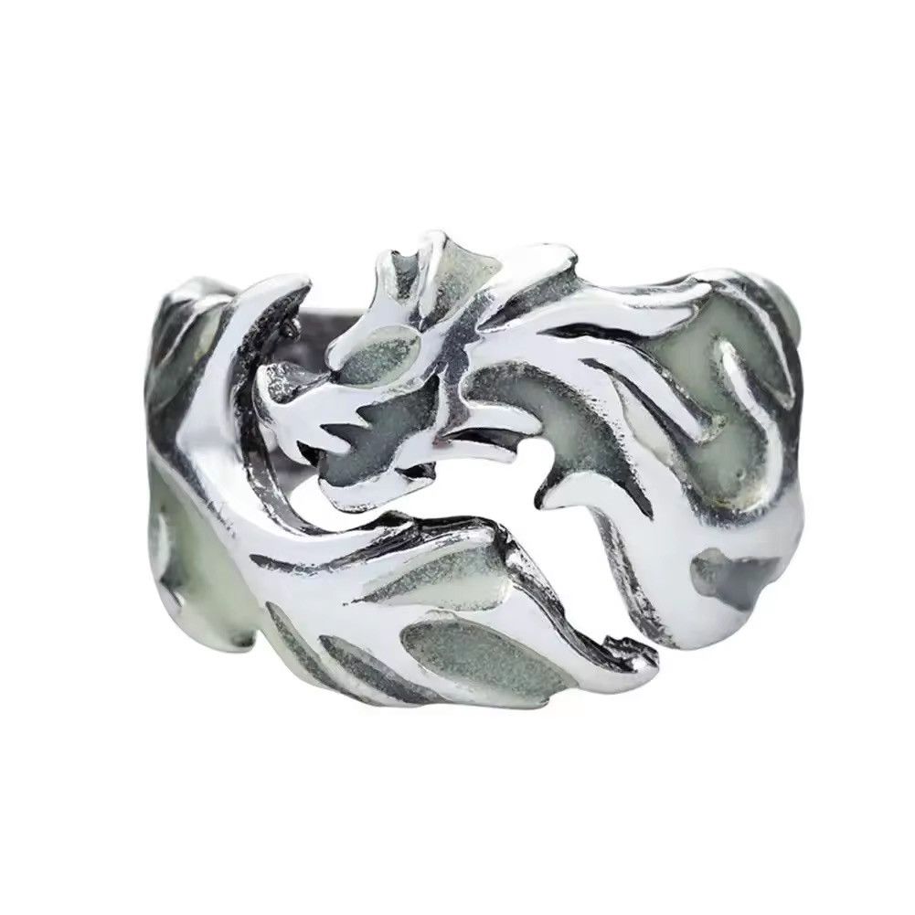 Jewelry x Vintage Adjustable Blue Luminous Dragon Retro Ring in Silver, Men's