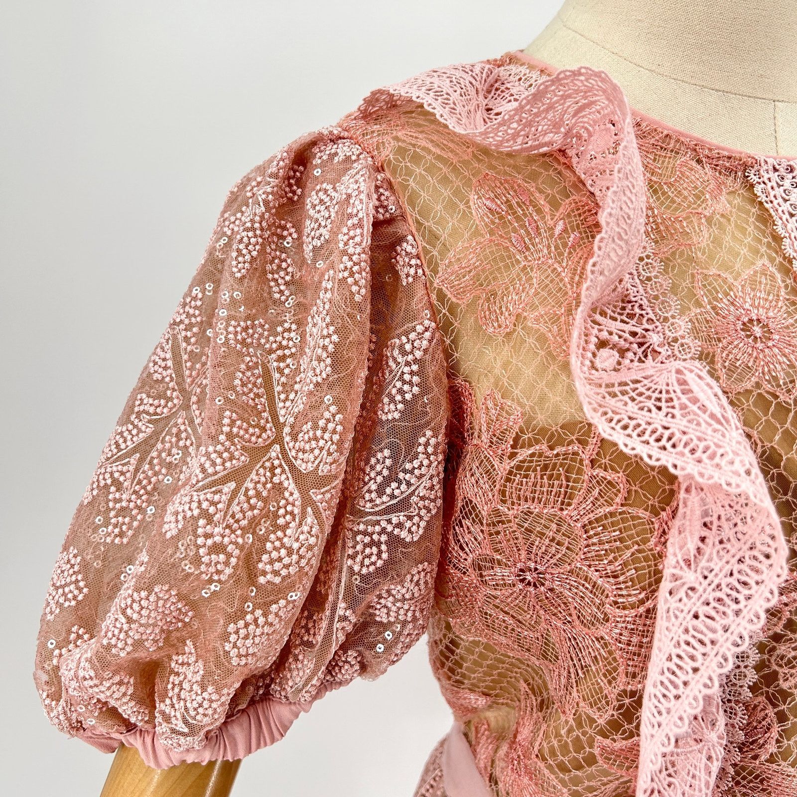 Self-Portrait Blush Pink Sequin Floral Lace Puff Sleeve Mini Dress Size M / US 6-8 / IT 42-44 - 3 Thumbnail