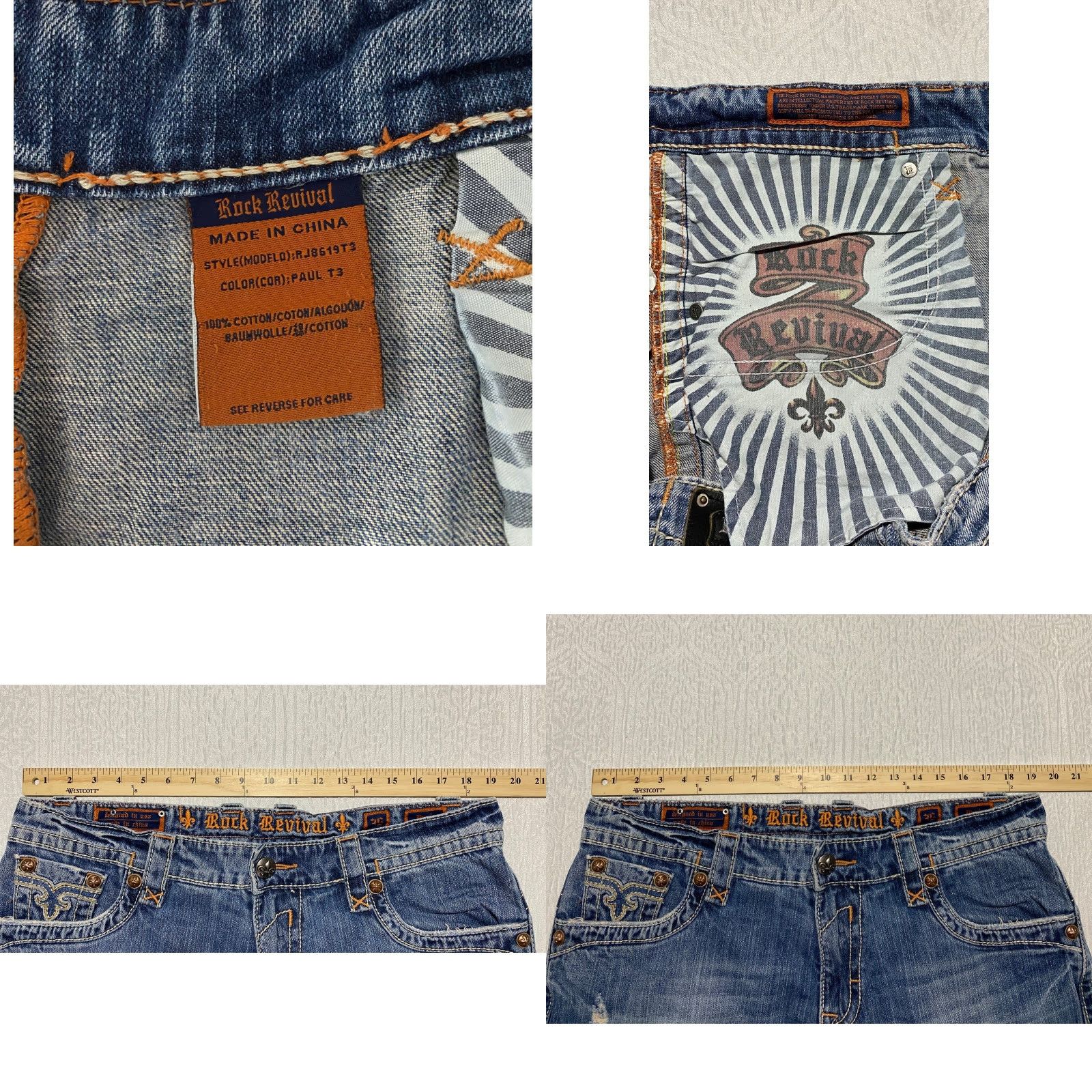 Vintage Rock Revival Jeans Mens 36x30 Distressed Embroidered Denim Cropped Raw Hem Paul Straight Straight Jeans Mens Blue 5-Pocket Design Logo Size US 36 / EU 52 - 8 Thumbnail