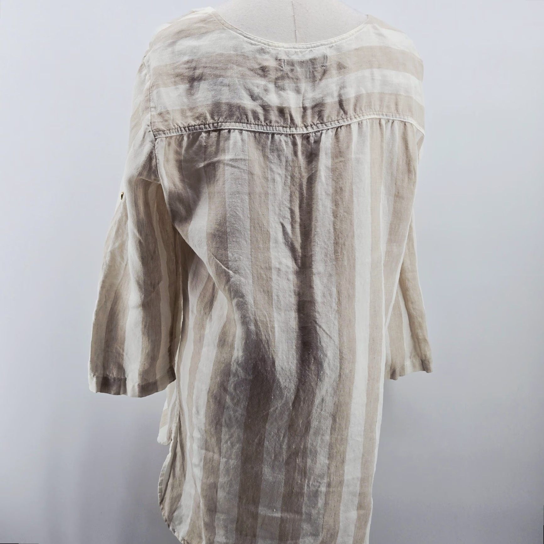 Ellen Tracy Ellen Tracy Blouse Womens L Beige Striped Linen Round Neck 3/4 Roll Tab Sleeve Zip Pockets Tunic Mens? Womens Size L / US 10 / IT 46 - 6 Thumbnail