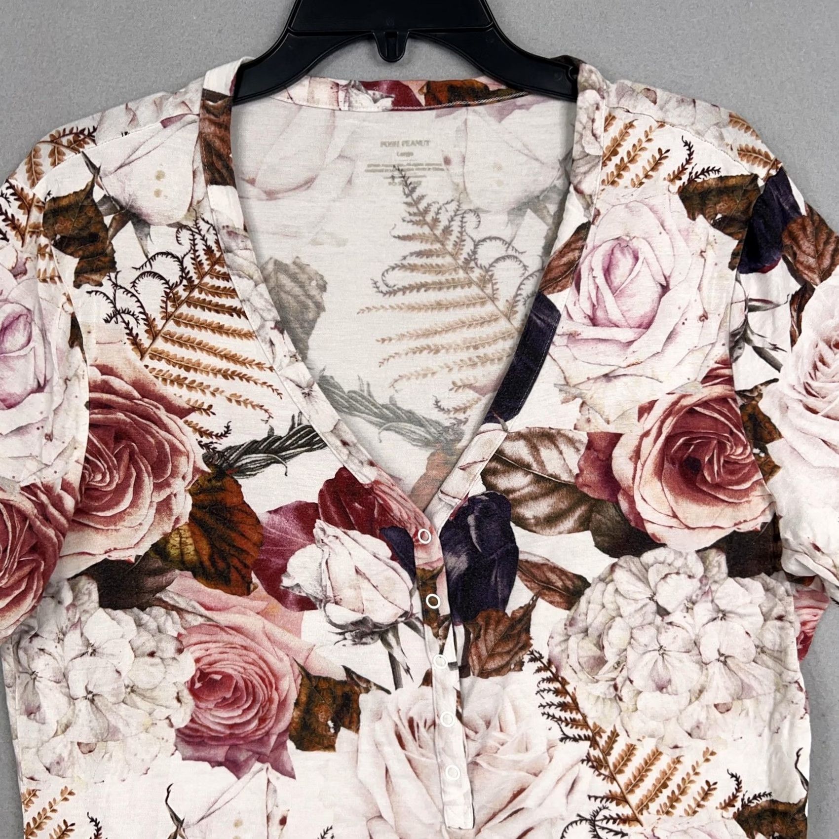 Vintage Posh Peanut Shirt Womens Large Floral Roses V Neck Henley Bamboo Casual Size L / US 10 / IT 46 - 2 Thumbnail