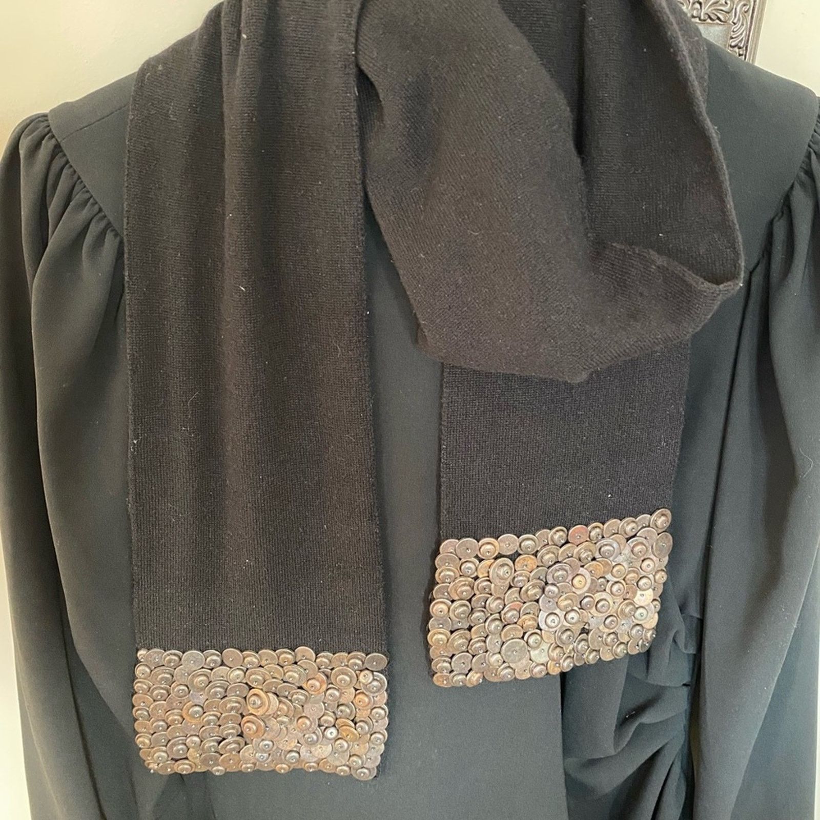 Burberry BURBERRY Black Cashmere Scarf with Copper Metallic Trim EUC Size ONE SIZE - 9 Thumbnail