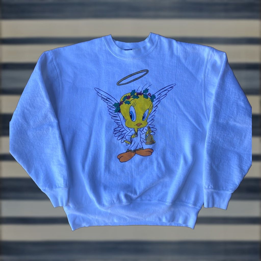 Vintage VINTAGE Tweety Bird Angel Halo Crewneck Sweatshirt Large USA Men Pullover Cotton Blend Knit White 90s Size US XL / EU 56 / 4 - 1 Thumbnail