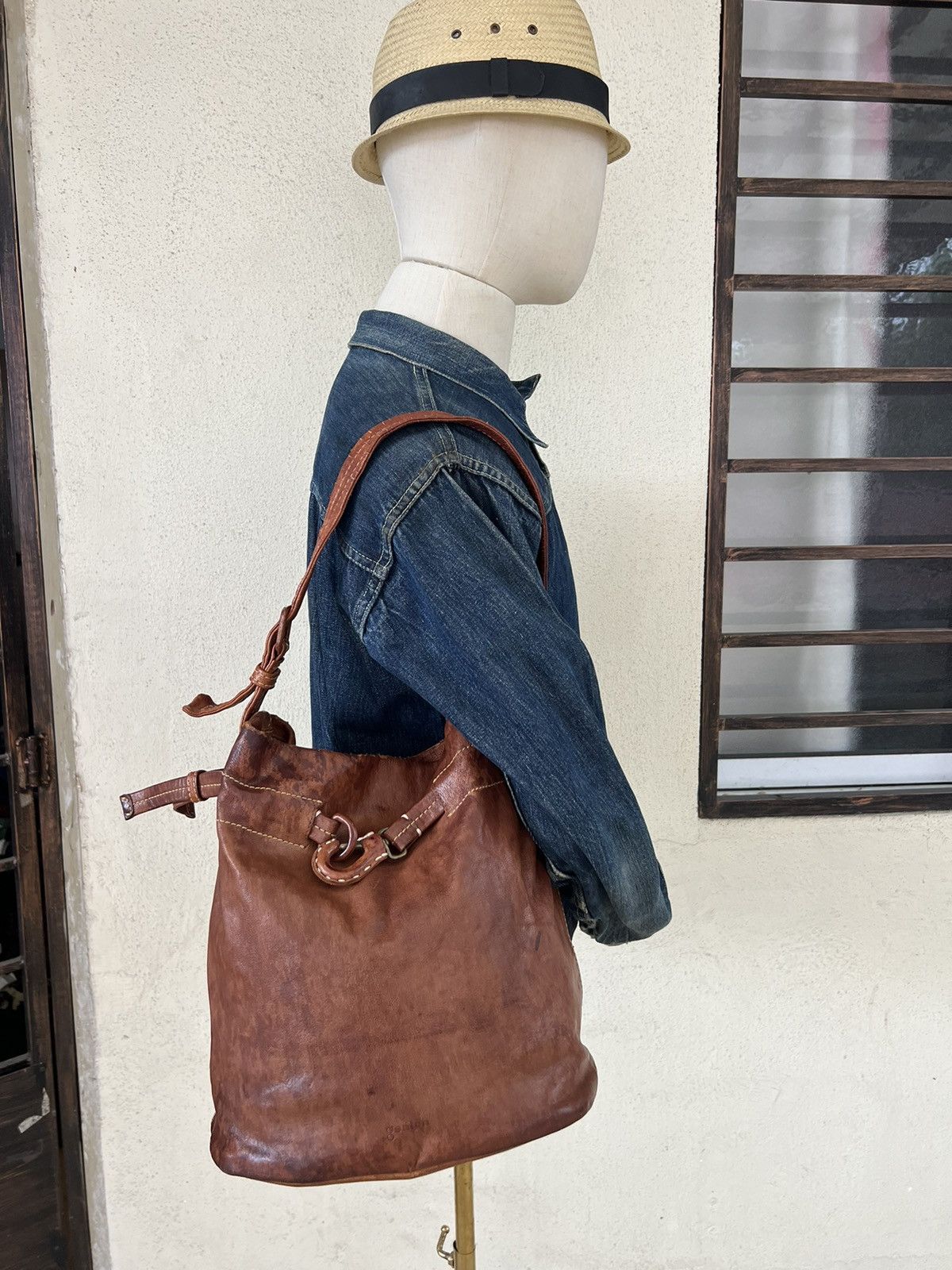 image of Genten Japan Distressed Patina Brown Leather Bucket Bag, Women's