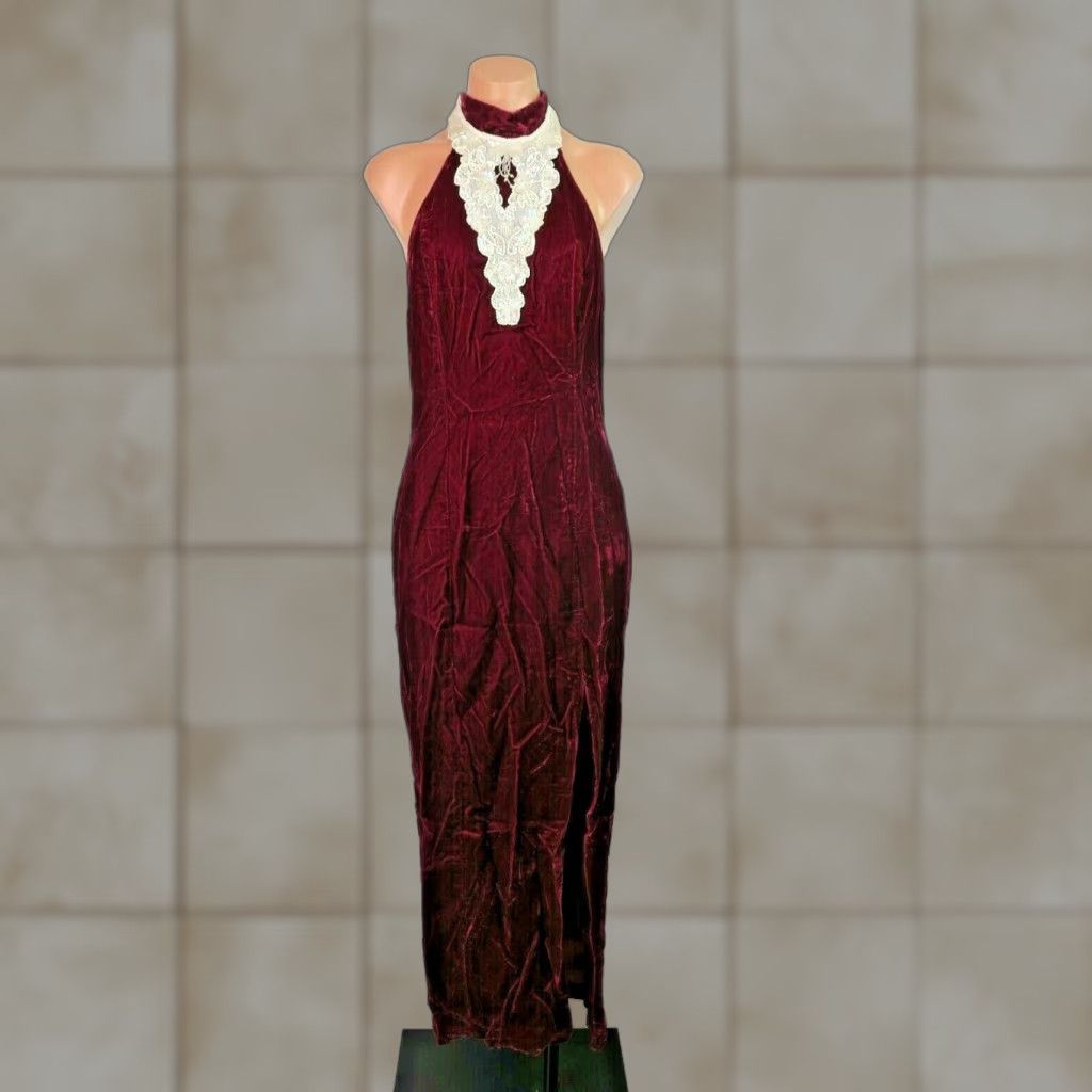 VINTAGE On and On 90s Red Velvet Wiggle Pencil Dress 10 Sequin Lace Mock  Neck Slit
