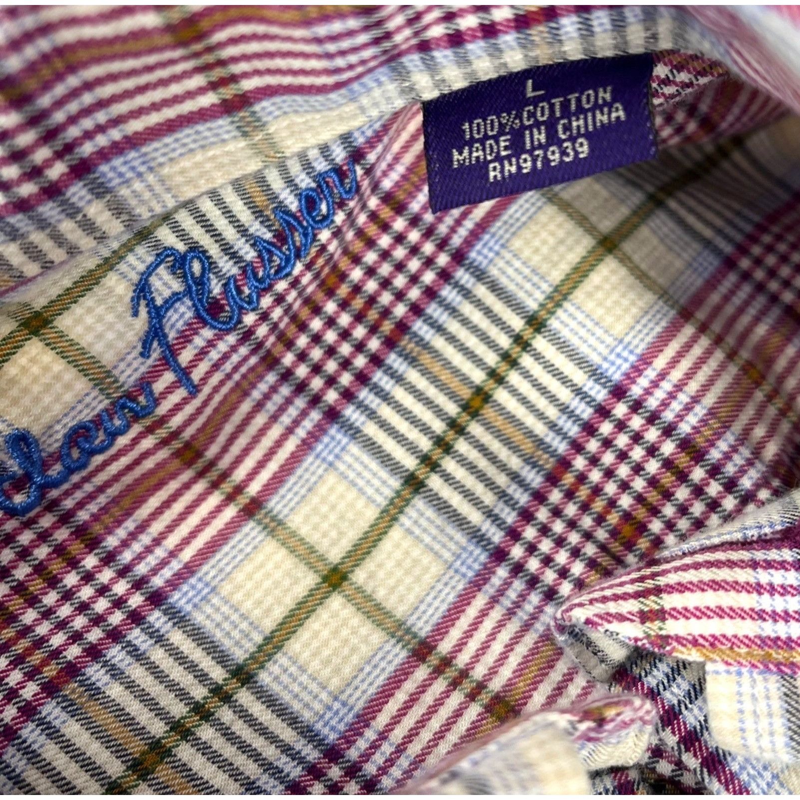 Alan Flusser Alan Flusser Men's Dress Shirt Purple Plaid Cotton Button-Fr Size US L / EU 52-54 / 3 - 3 Thumbnail