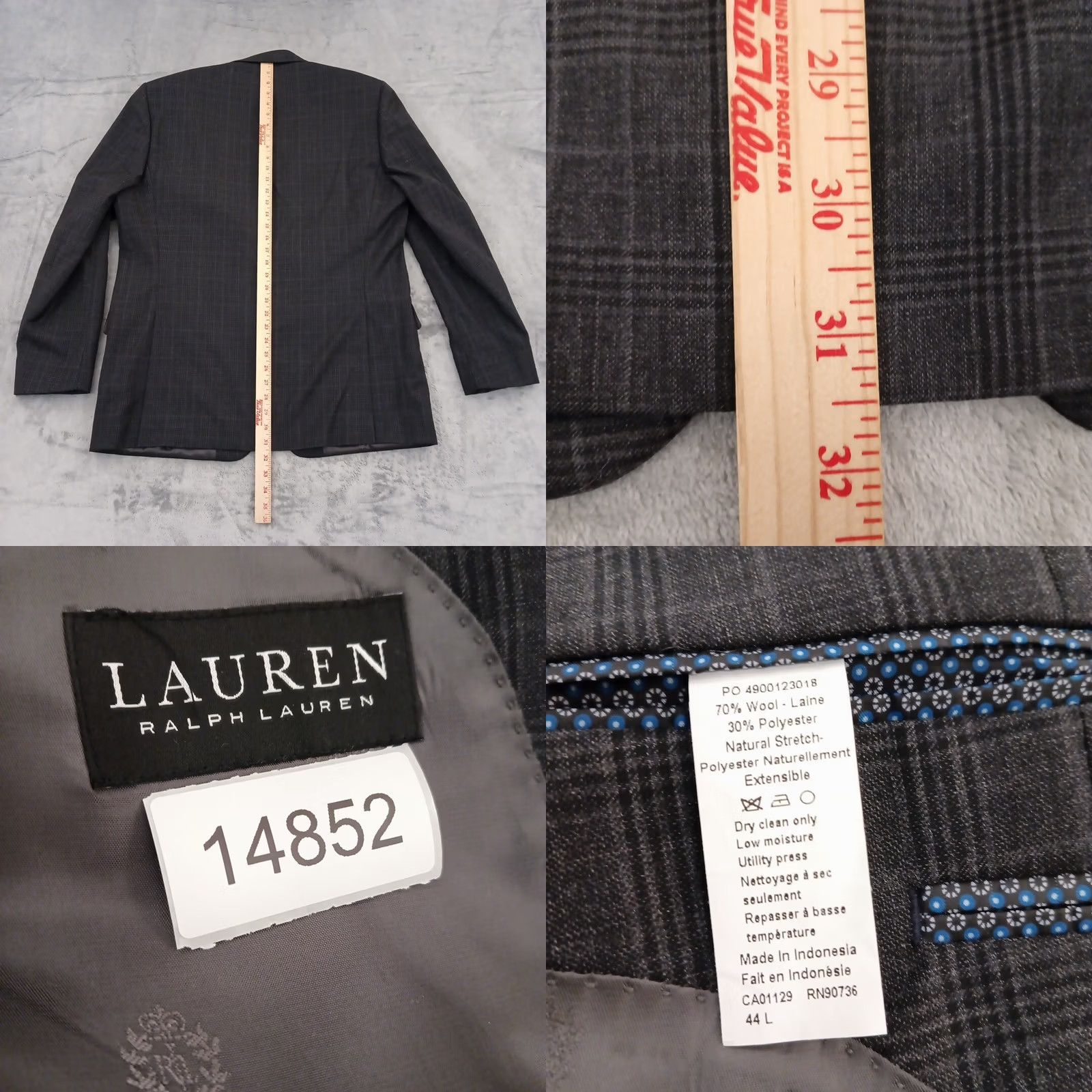 Ralph Lauren Lauren Ralph Lauren Blazer Mens 44 Long Gray Plaid Two Button Double Vent Notch Lapel 2 Piece Wool Polyester Jacket Coat Streetwear Mens Size 44R - 8 Thumbnail