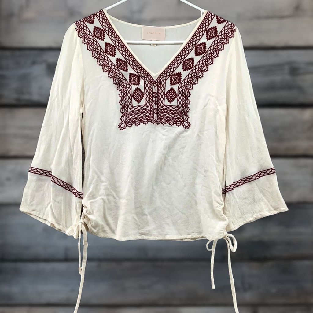 Vintage Skies Are Blue Boho Blouse Womens Small S Embroidered Chiffon V-Neck Top Red Bohemian Beach Summer Womens Size S / US 4 / IT 40 - 1 Thumbnail
