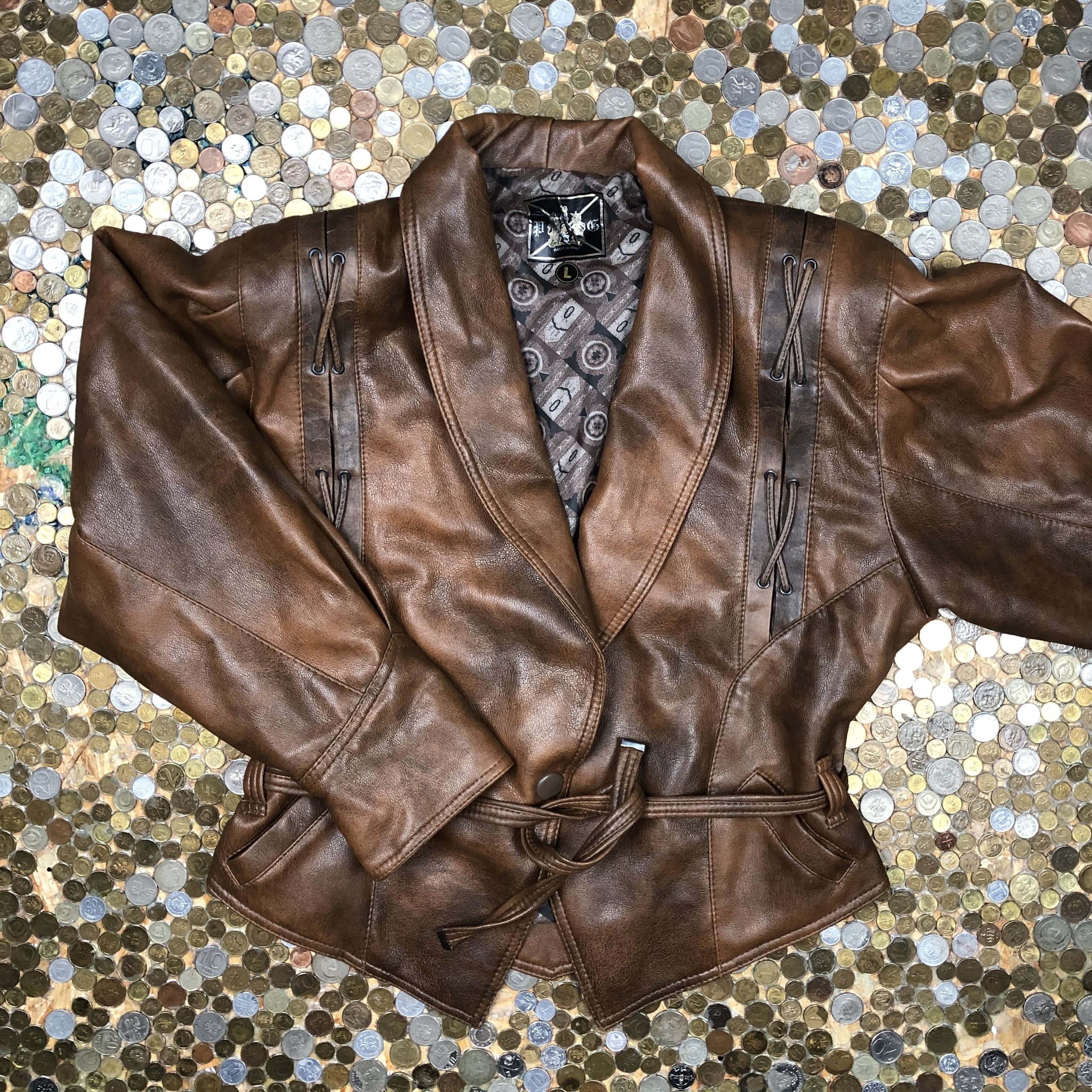 Vintage Vintage Leather short jacket with belt 90's Size L / US 10 / IT 46 - 1 Thumbnail