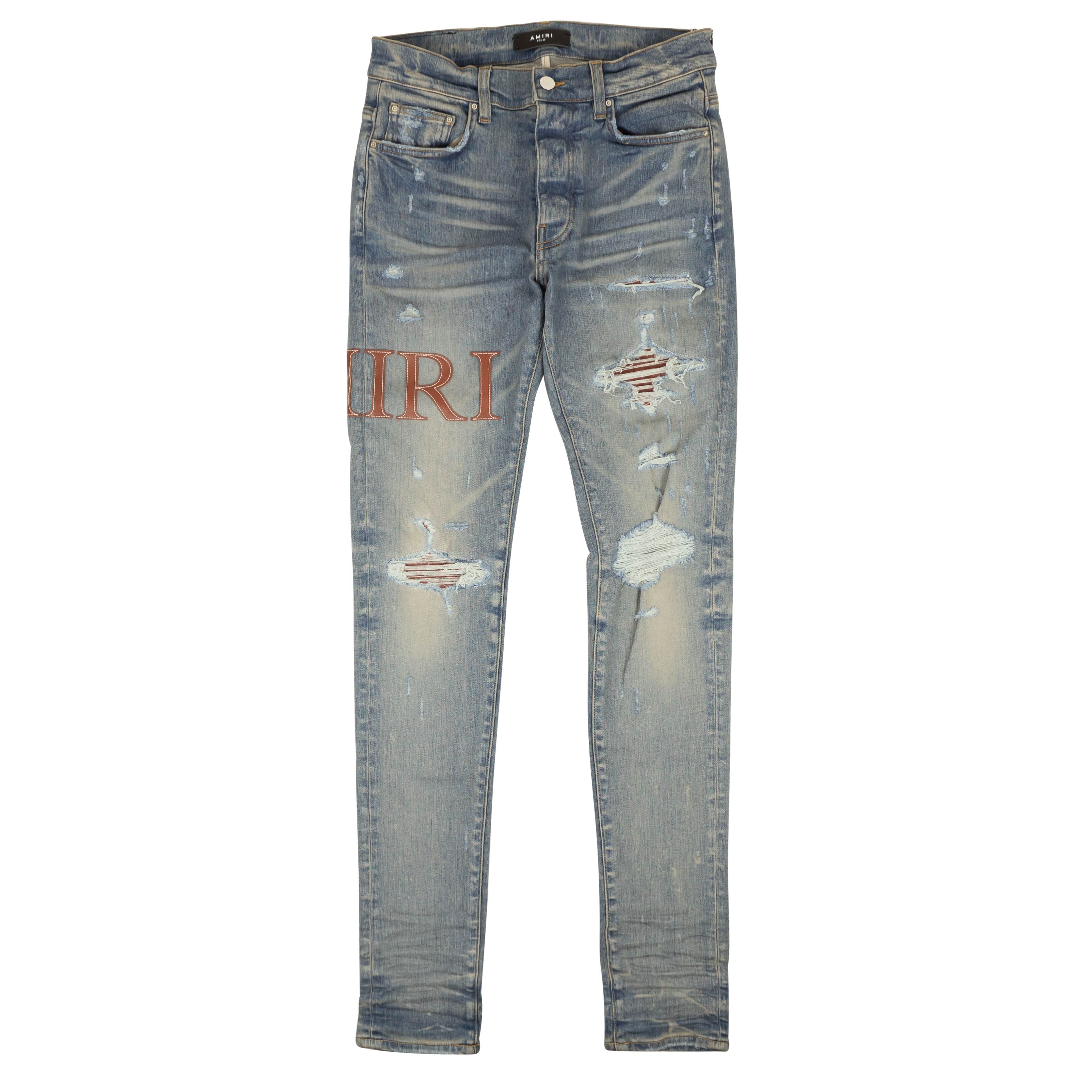 image of Amiri Leather Stitch Logo Jean Clay Indigo Straight-Fit Jeans Size 31, Men's