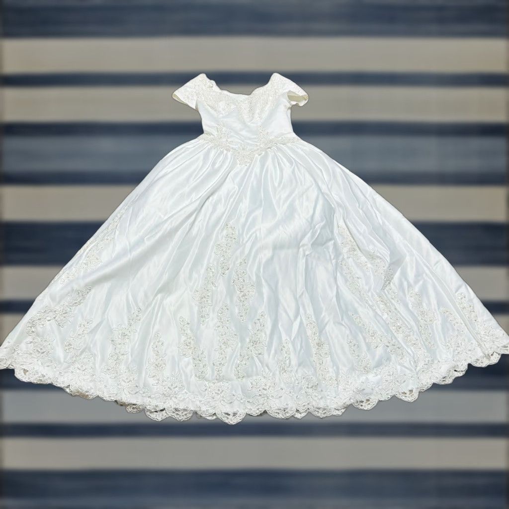Vintage VINTAGE Women's Y2K Wedding Dress Ball Gown Duchess Satin White Sz12 Beaded Sleeved Cap Sleeve Read Size XL / US 12-14 / IT 48-50 - 1 Thumbnail