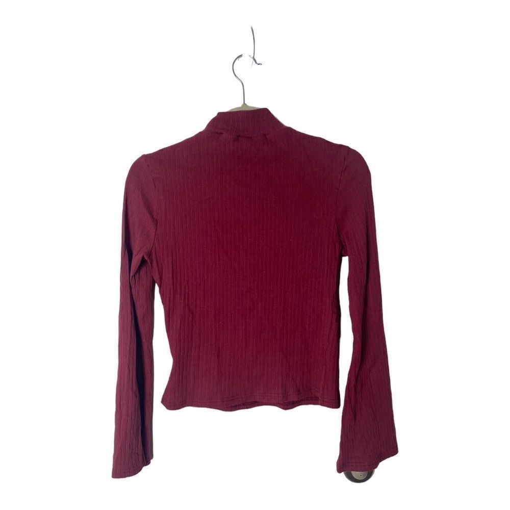 Shein SHEIN Burgundy Ribbed Bell Sleeve Top | Size S | Mock Neck L Size S / US 4 / IT 40 - 5 Thumbnail
