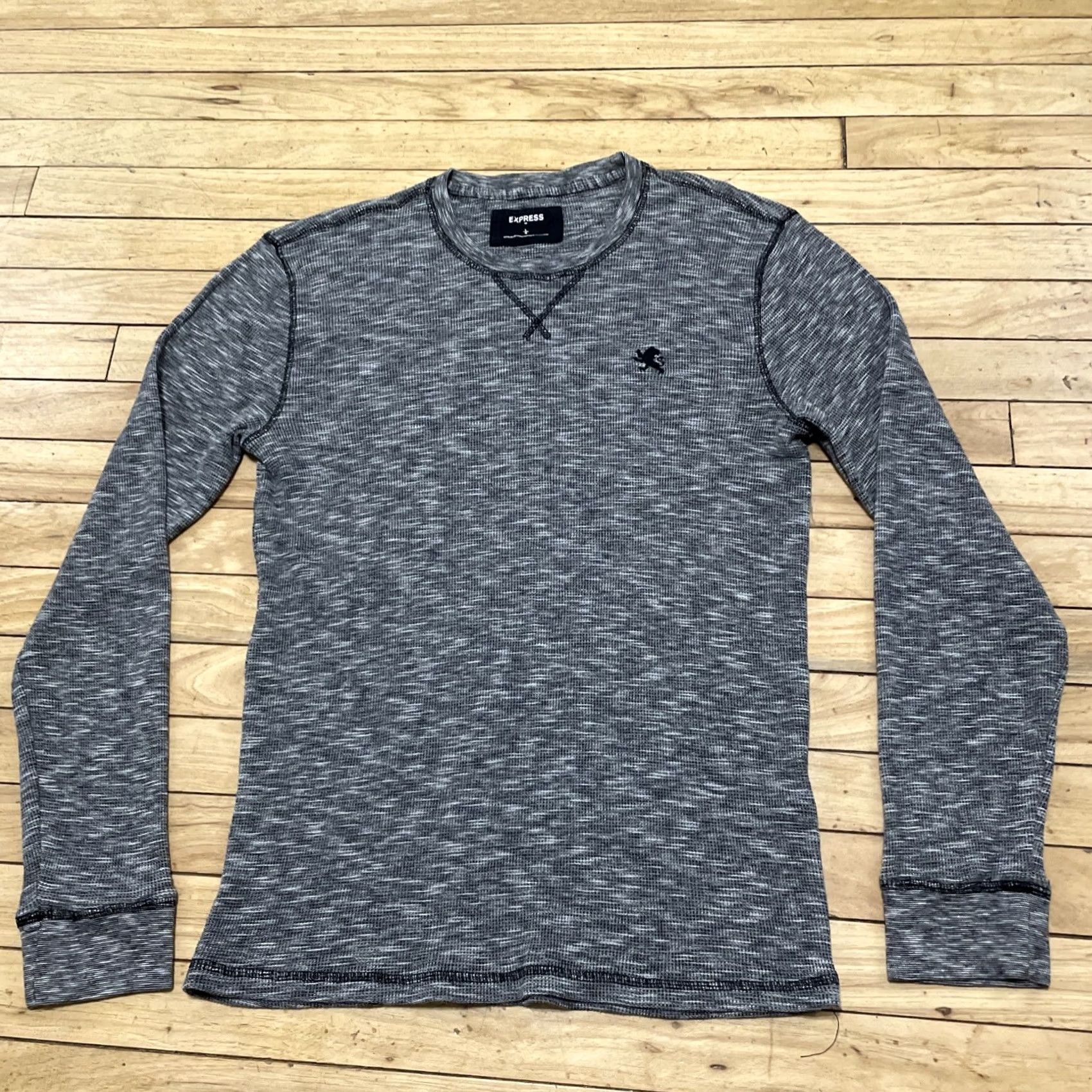 Express VINTAGE Express Y2k Slim Thermal Waffle Knit Sweater Adult L Gray Blue Pique Lion Logo Nylon? Size US L / EU 52-54 / 3 - 3 Thumbnail