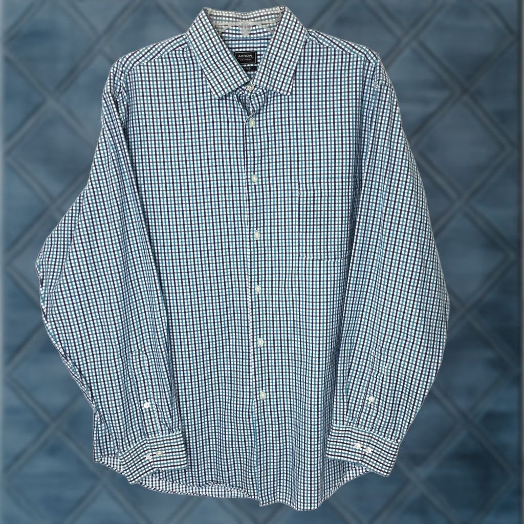 Arrow Arrow Shirt Mens 17 Blue Plaid Long Sleeve Button Up Fitted Size US XL / EU 56 / 4 - 1 Thumbnail