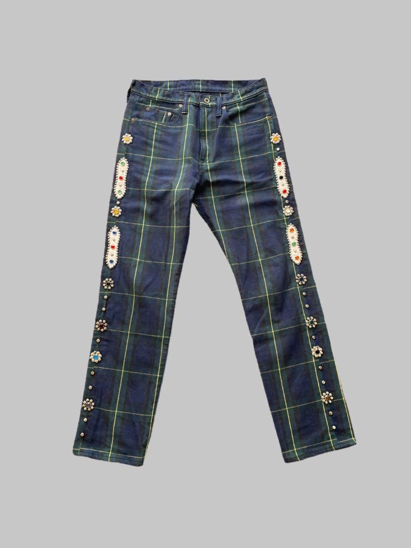 image of Kapital 11Oz Tartan Check 5P Monkey Cisco (Studs Remake) 30 in Green/Yellow, Men's