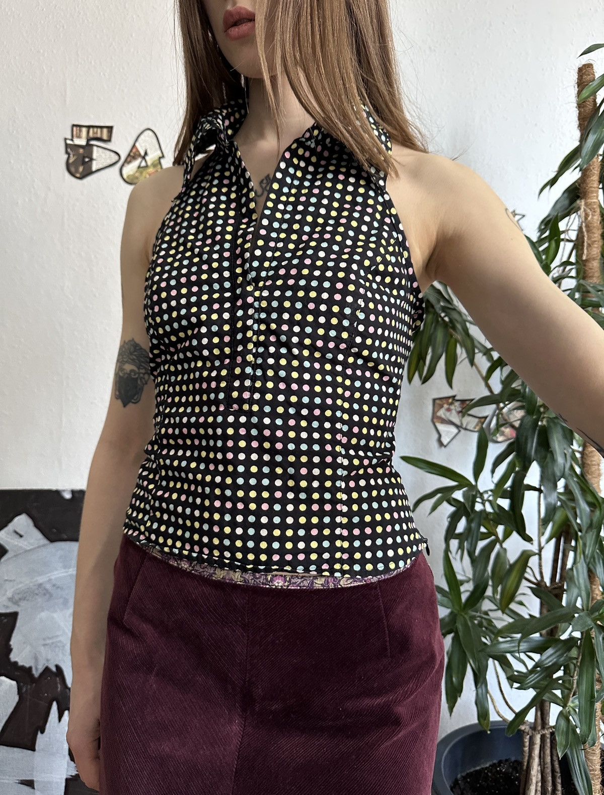 20471120 × Japanese Brand Sexy Halter Polka Dot Sleeveless V-neck Collared Top 00s Size M / US 6-8 / IT 42-44 - 3 Thumbnail