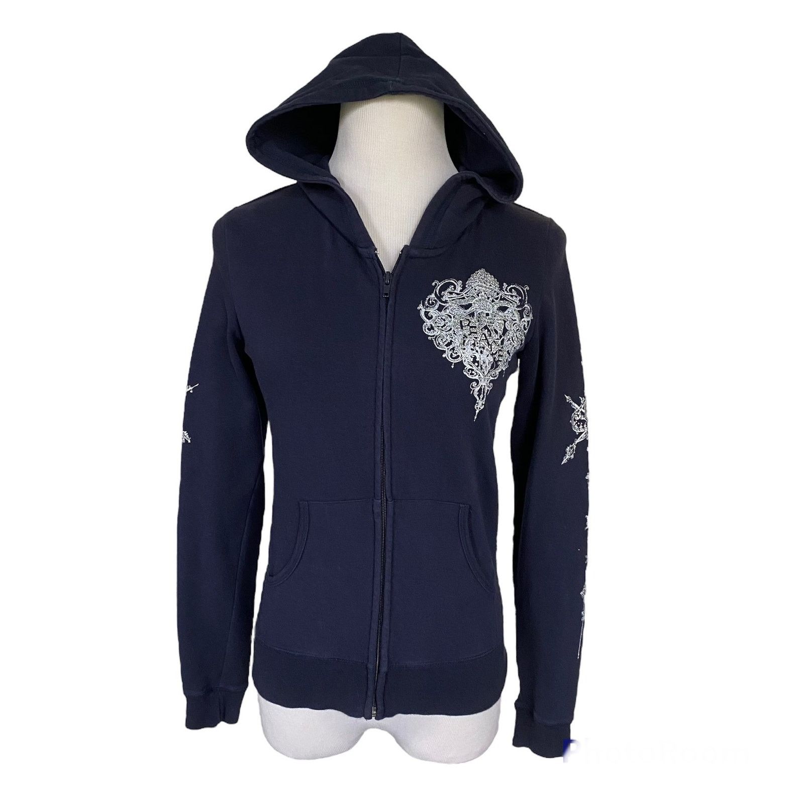 Other Navy Blue Long Sleeve Hoodie Jacket Embellished Rhinestones Size S / US 4 / IT 40 - 1 Thumbnail