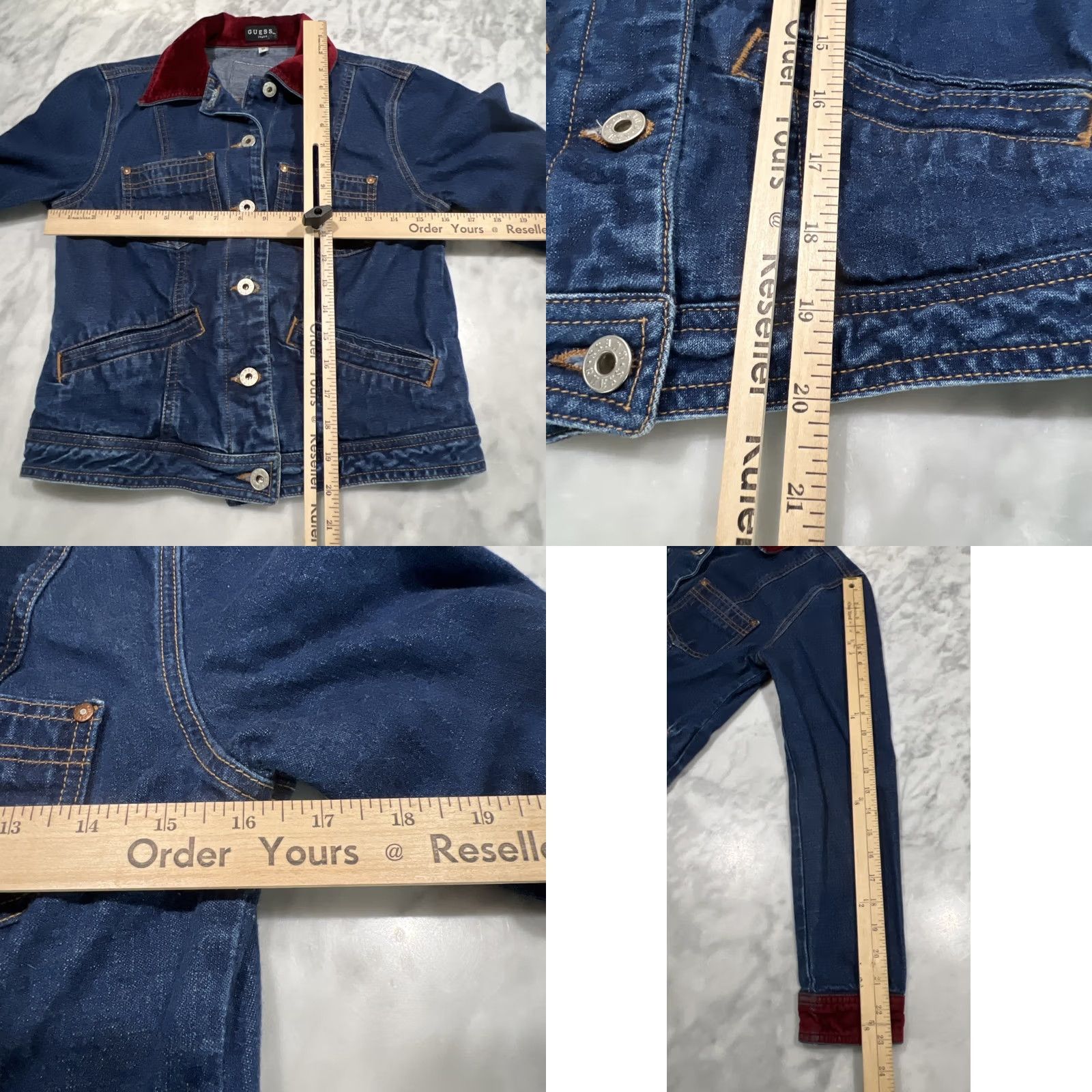 Guess VINTAGE Guess Glamour Denim Jacket Medium Red Velvet Trim Trucker USA Shirt Women's M 90s Biker Pockets Size M / US 6-8 / IT 42-44 - 10 Thumbnail