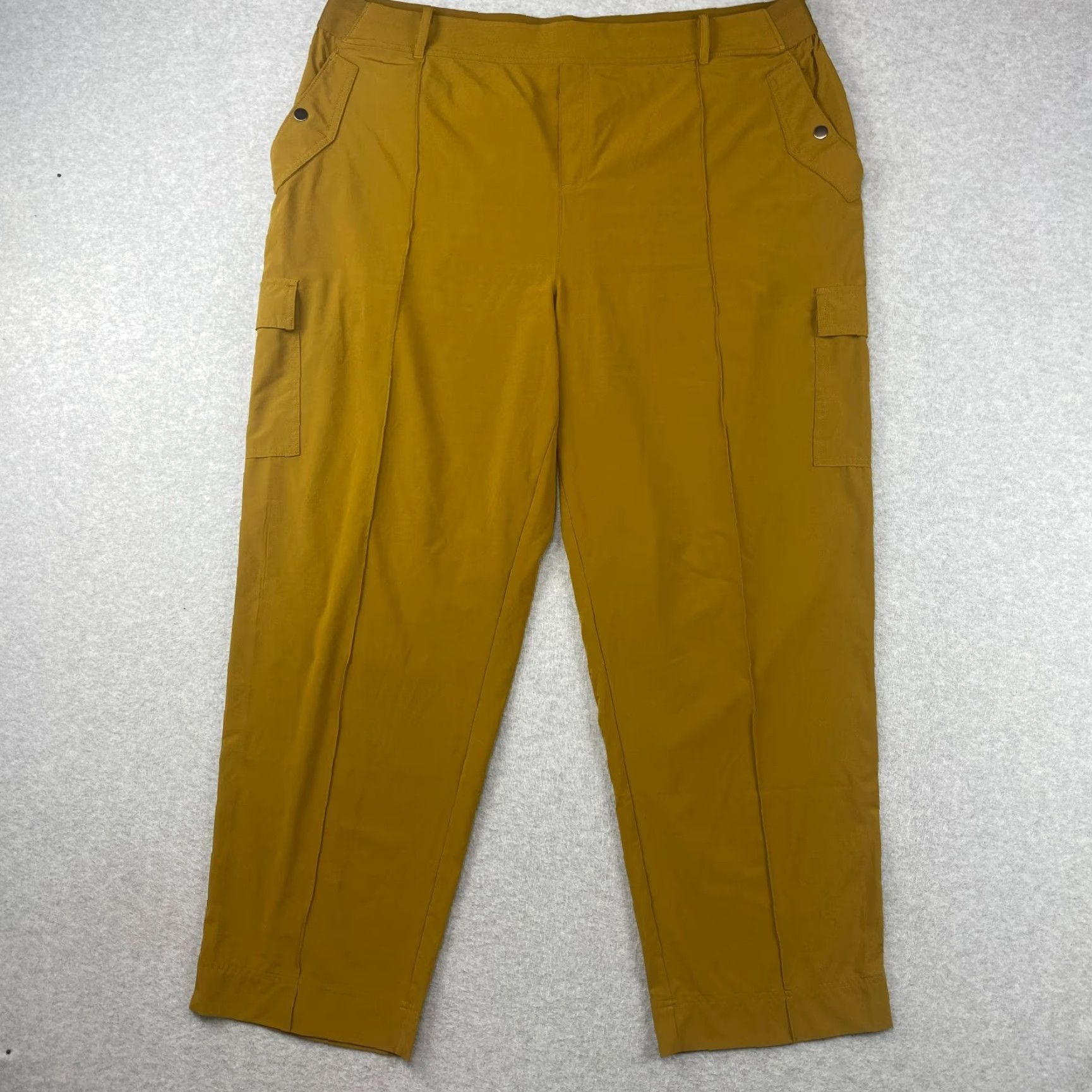 Athleta VINTAGE? No — not vintage. Athleta Vienna Cargo Pants Womens 22 Gold Elastic Waist Pull On Snap Pockets Size 40" / US 18 - 2 Thumbnail