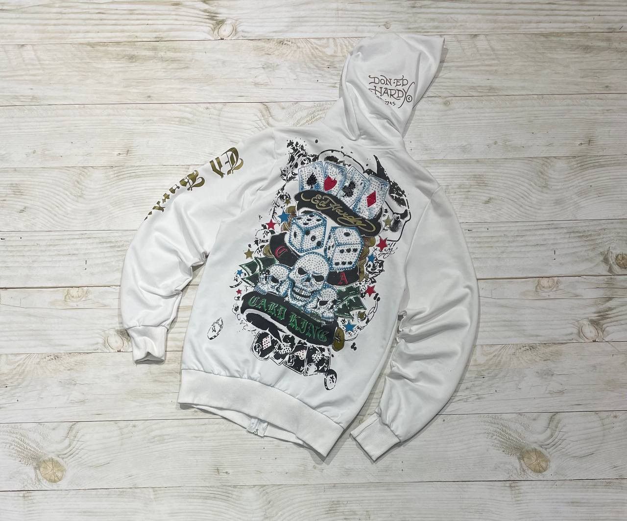 image of Christian Audigier x Ed Hardy Vintage Ed Hardy Big Logo Scull Player Cards Full Zip Hoodie in White