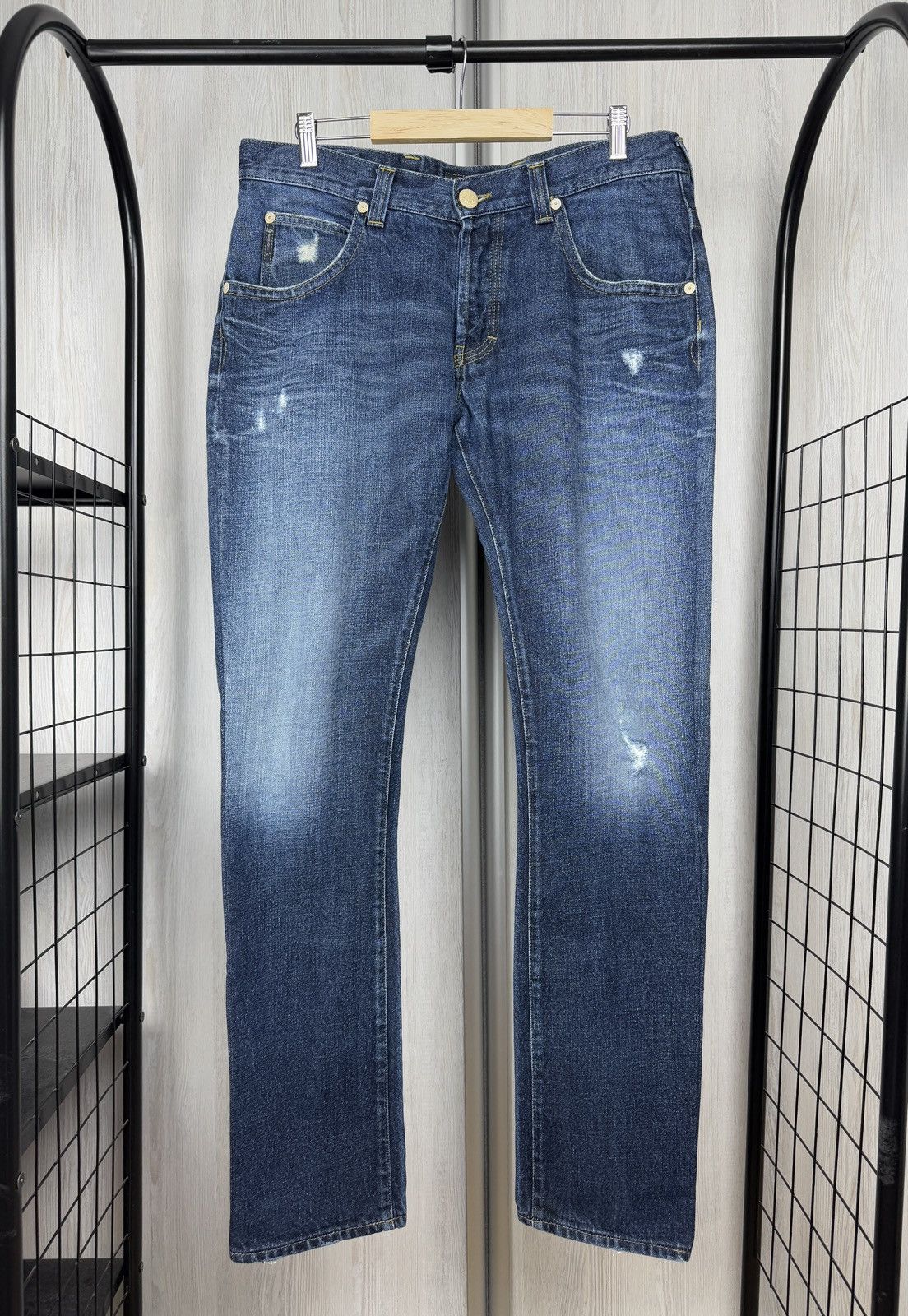Armani ARMANI JEANS Men's Blue Distressed Denim Big Logo Jeans 33 Size US 33 - 3 Thumbnail