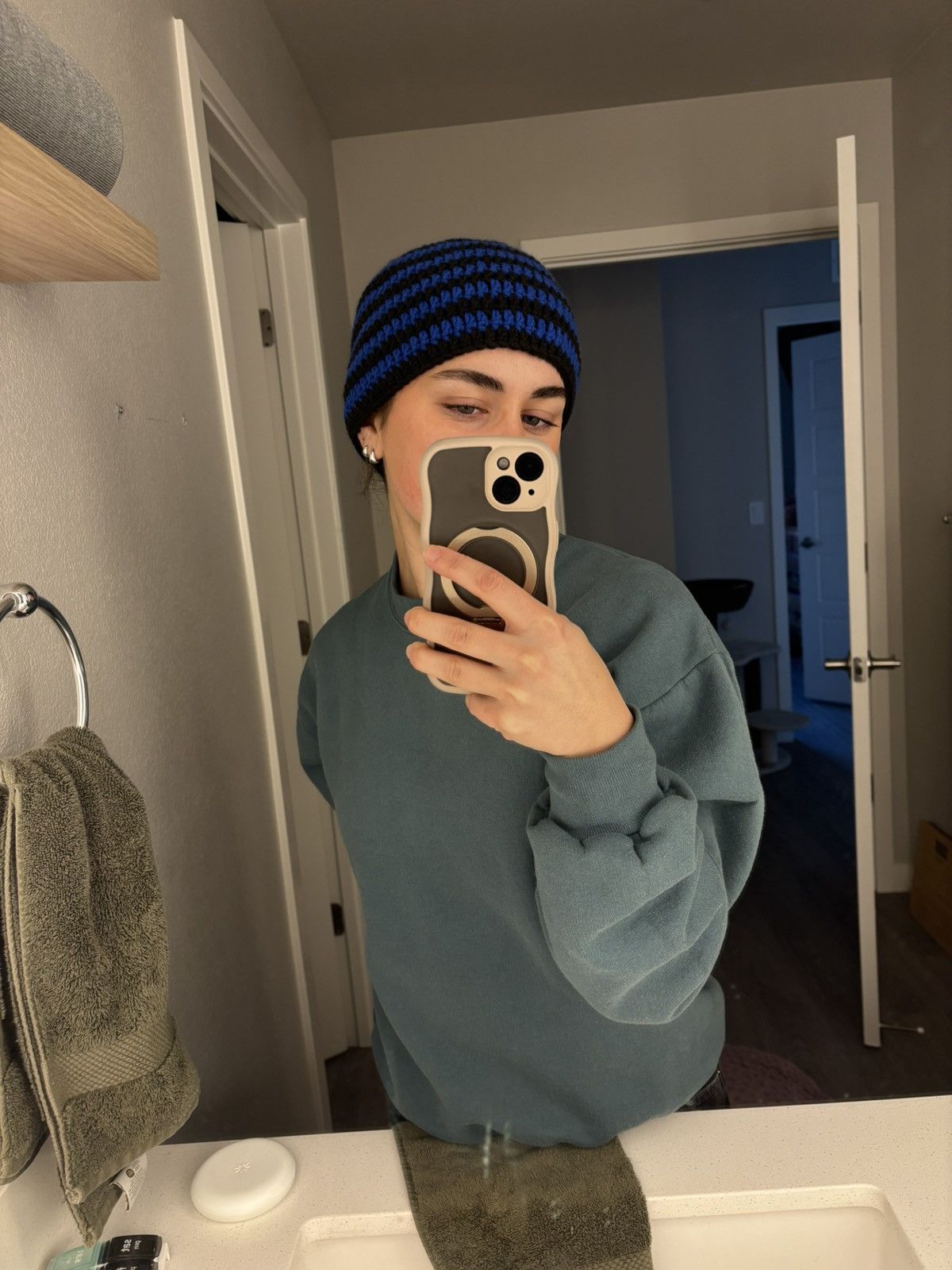 Handmade Blue & Black Striped Beanie Size ONE SIZE - 4 Thumbnail