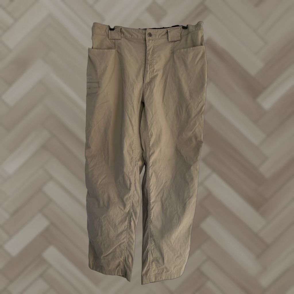 CO Duluth Cargo Pants Mens Beige Khaki Large Relaxed Straight Leg Nylon Knit Pockets Logo Size US 33 - 1 Thumbnail