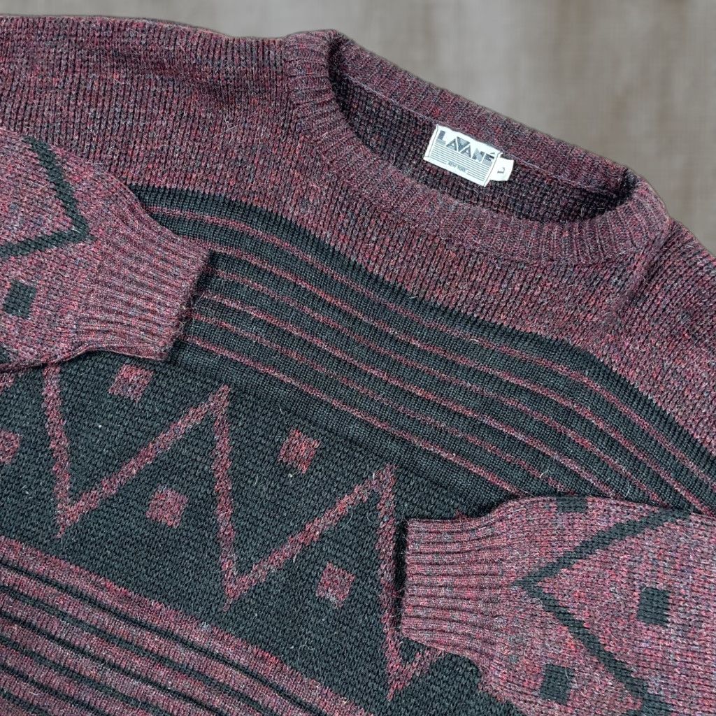 Savane Vintage Lavane Geometric Knit Sweater Mens L Red Black 80s 90s Cosby Hip Hop Retro Grandpa Pullover Crew Neck Autumn Winter Size US L / EU 52-54 / 3 - 1 Thumbnail
