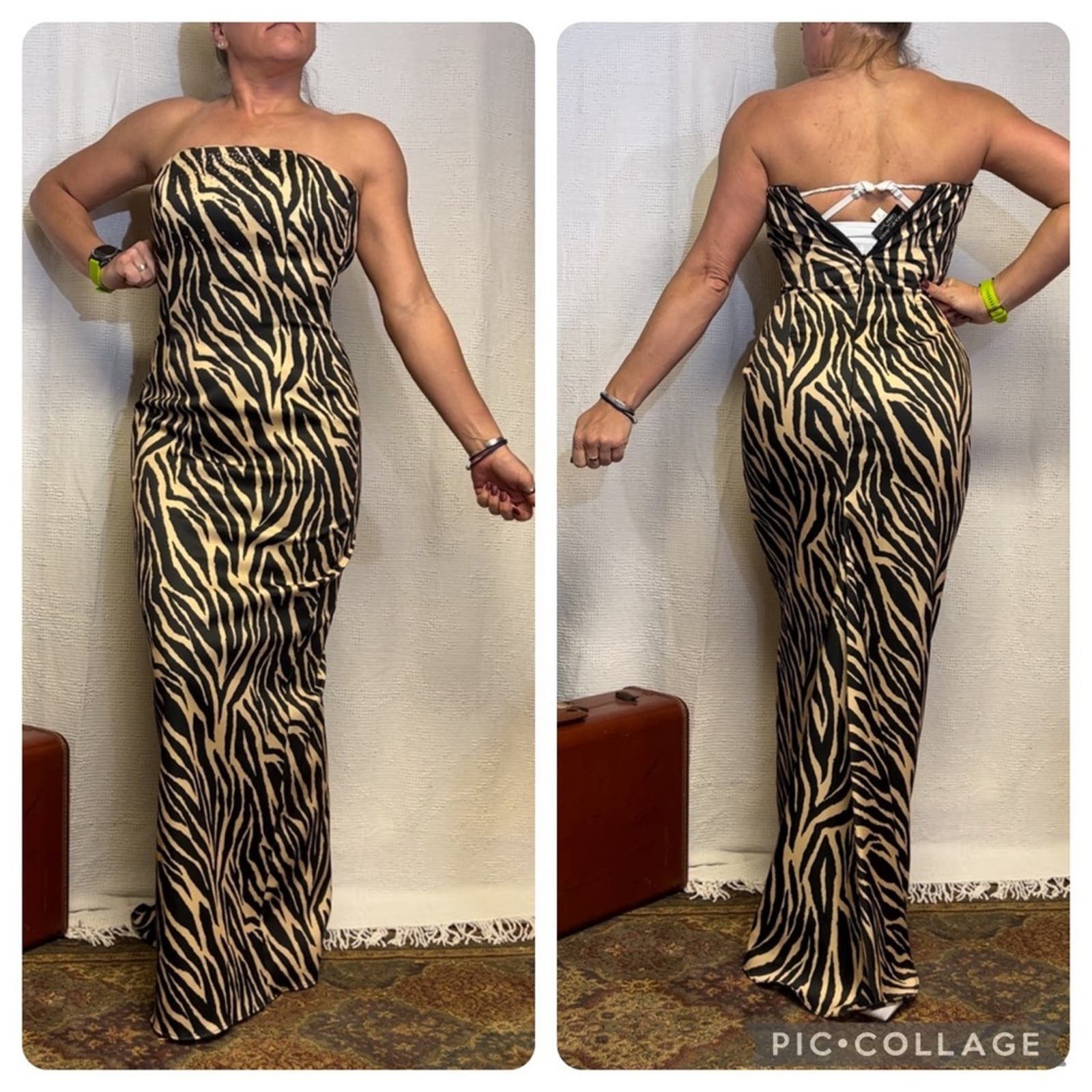 image of Vintage Jessica Mcclintock Zebra Strapless Rhinestone Prom Dress in Tan, Women's (Size Small)