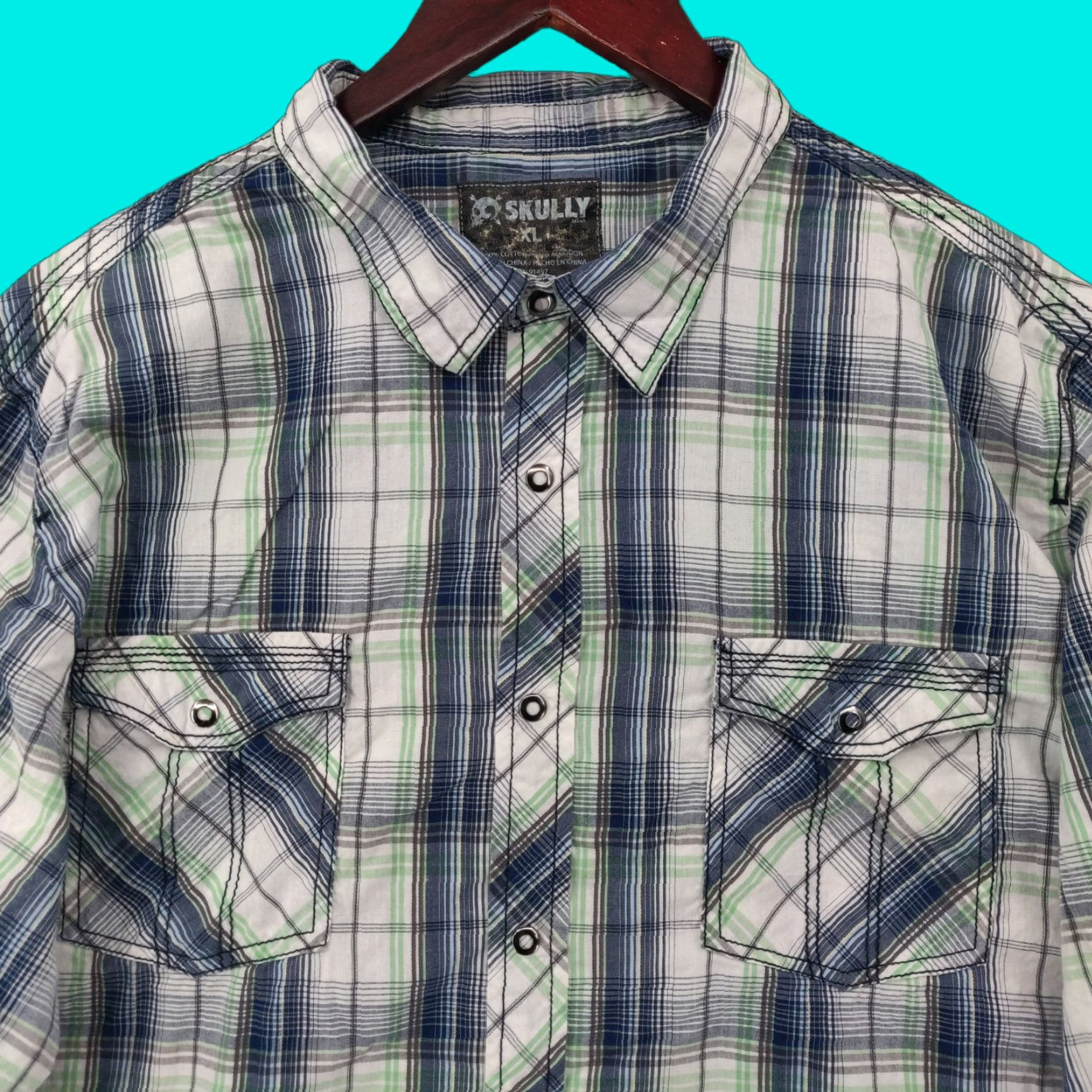Vintage SKULLY Shirt Mens XL Blue Green Plaid Flannel Button-Up Snap Roll Up Sleeves Long Sleeve Casual Classic Outdoor Western Size US XL / EU 56 / 4 - 1 Thumbnail