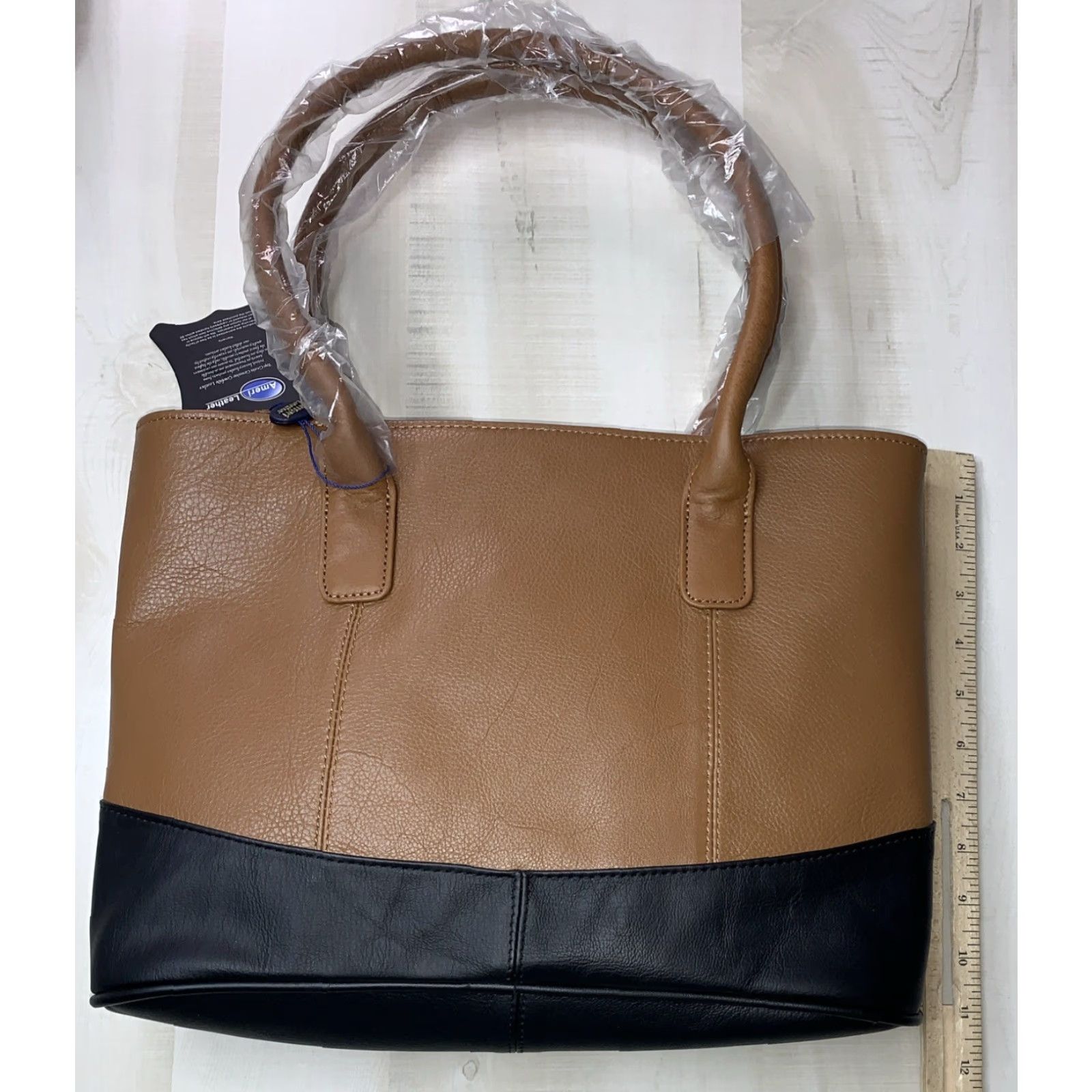 Vintage Ameri Leather Two Tone Tote Shoulder Bag Purse Brown/Black 15Lx11H NEW! Size ONE SIZE - 2 Thumbnail
