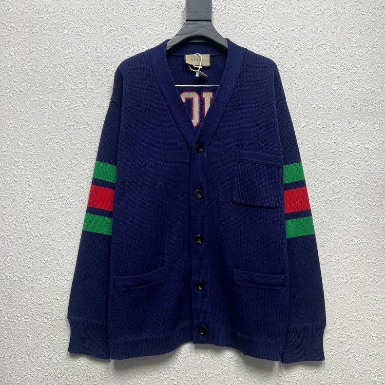 Gucci Flame Logo Color Block Knitted Embroidered Cardigan j