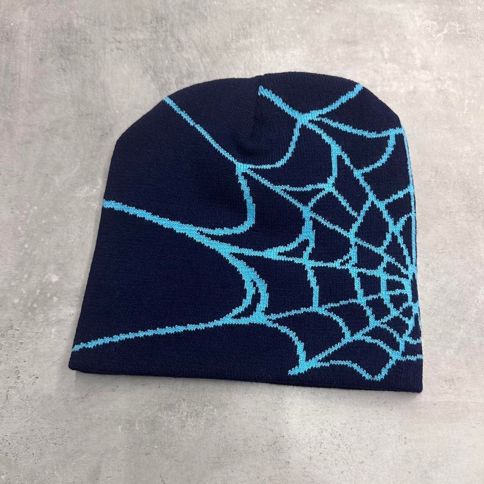 Vintage Blue and Navy Spider Web Acrylic Graphic Beanie Hat Size ONE SIZE - 3 Thumbnail