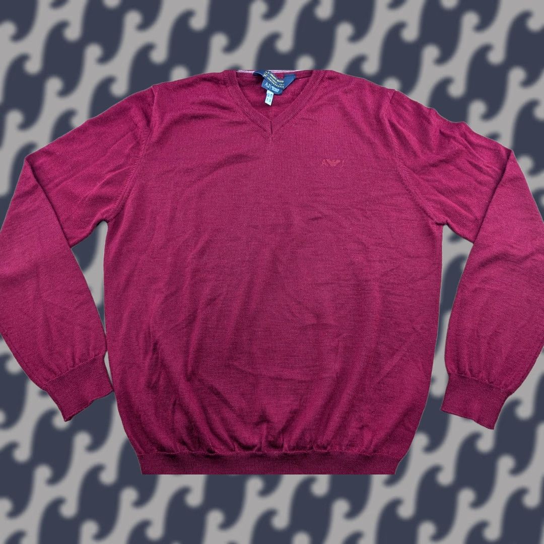 Vintage Armani Jeans Sweater Mens XL Red Wool Jumper V-Neck Long Sleeve Knit Pullover Classic 30th Anniversary 1981-2011 Size US XL / EU 56 / 4 - 1 Thumbnail