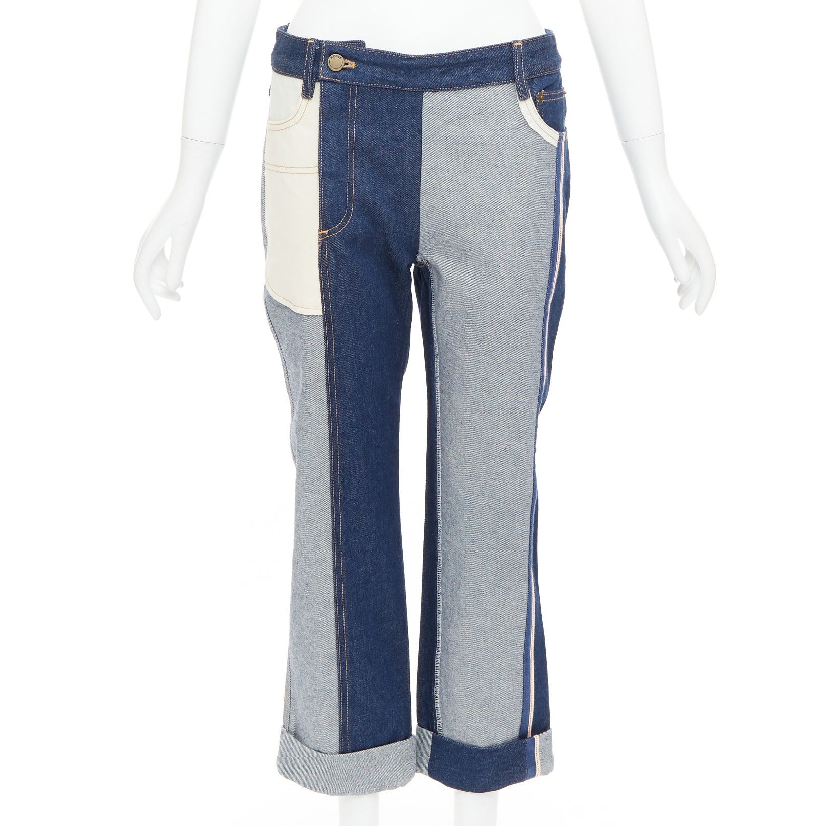 MONSE MONSE dark light blue reversed deconstructed patchwork flare cropped jeans US2 S Size 27" / US 4 / IT 40 - 1 Thumbnail