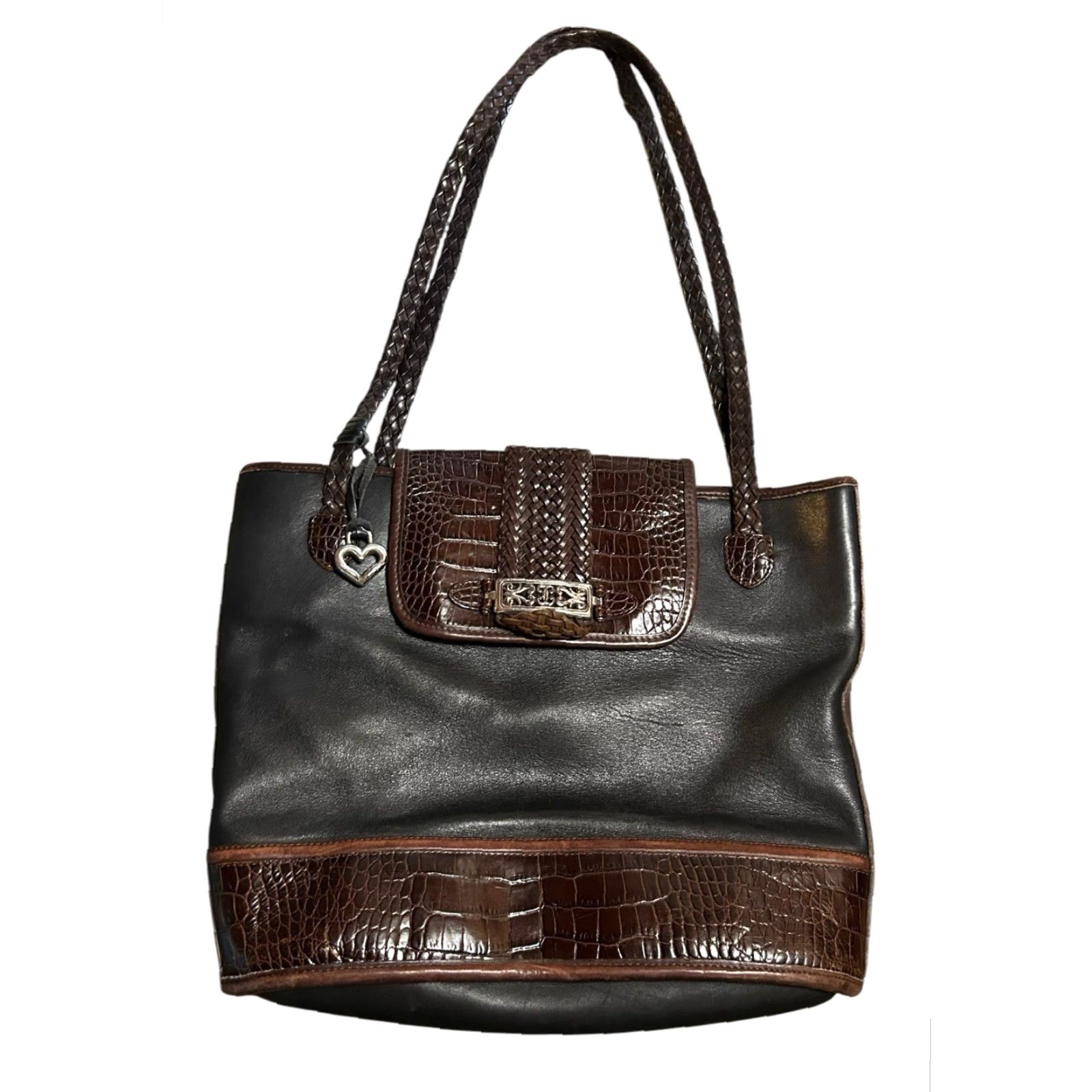 Brighton VINTAGE Brighton Queen of Love Croc Leather Shoulder Bag Tote Purse Black Brown Women’s Bag Charm Silver Hardware 12in 12in Size ONE SIZE - 2 Thumbnail