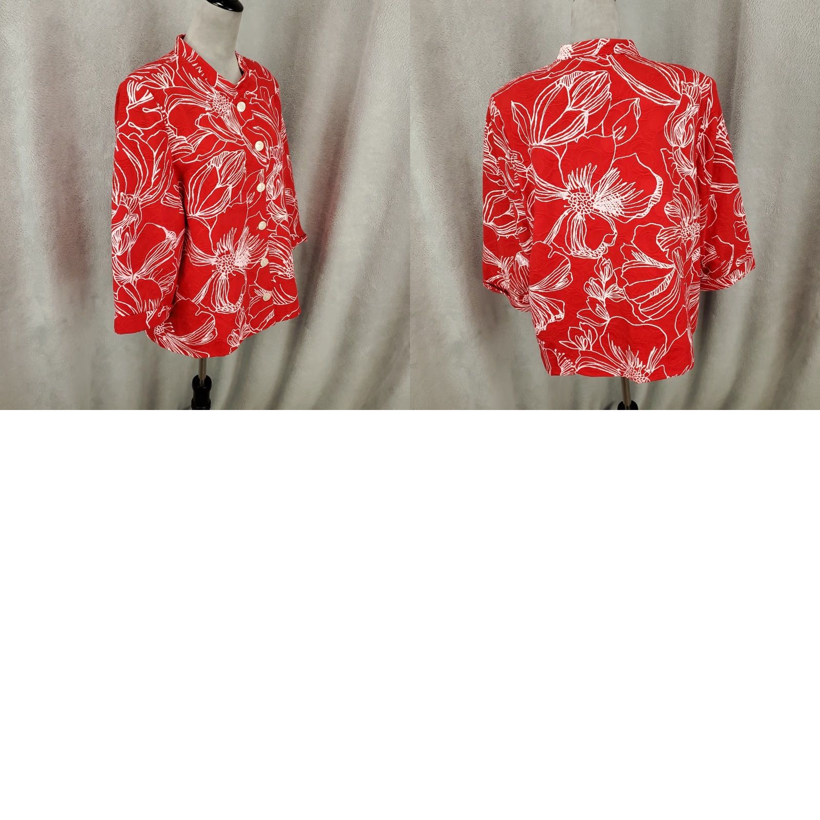Vintage Susan Graver Jacket Womens XL Red White Button Up Lined Artsy Flowers Line Art Size XL / US 12-14 / IT 48-50 - 8 Thumbnail