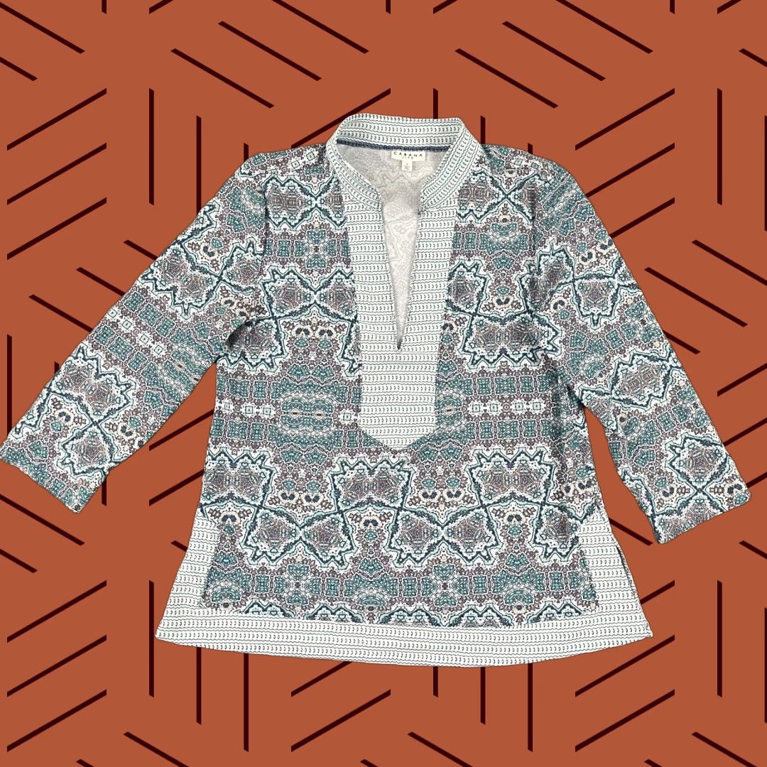 Vintage Cabana Life Blouse Womens Large Blue Geometric V-Neck UPF Sun Protective Casual 3/4 Sleeve Size L / US 10 / IT 46 - 1 Thumbnail