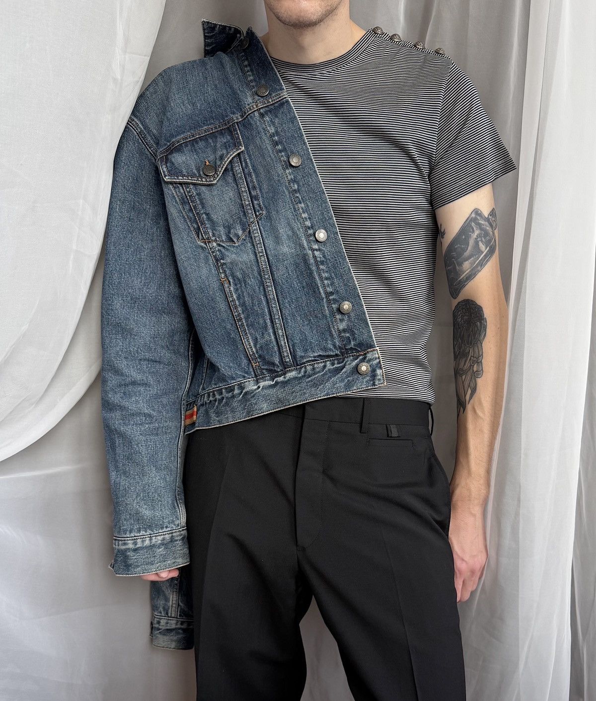 BALMAIN SS2015 Striped Distressed Button TShirt Decarnin pin