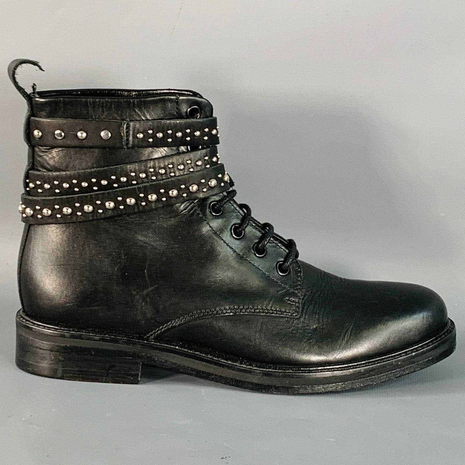 Maje MAJE 7 Black Studded Leather Wrap Around Lace-Up Ankle Boots Size US 7 / IT 37 - 2 Thumbnail