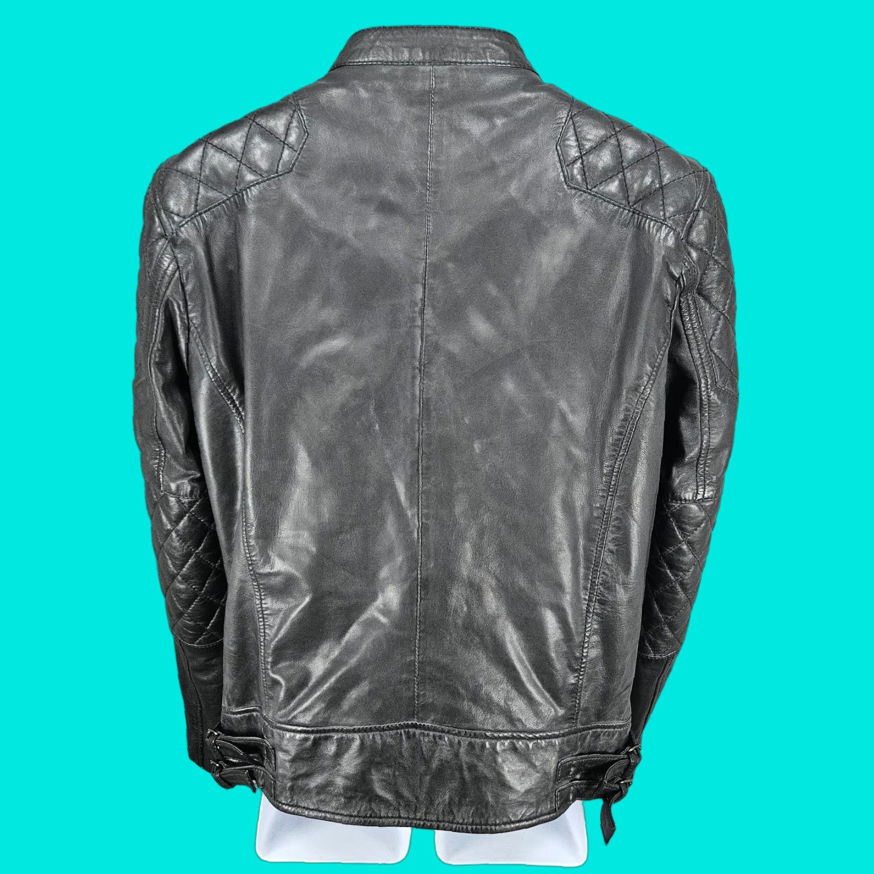 GOOSECRAFT Goosecraft Jacket Black Genuine Leather Short Moto Quilted Cotton Lined Zip Pockets Bands Collar Men M 41in Chest Size US M / EU 48-50 / 2 - 1 Thumbnail