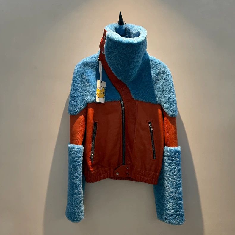 Rick Owens rick owens Blue-orange sheared wool patchwork zip-up jacket Size US M / EU 48-50 / 2 - 1 Thumbnail