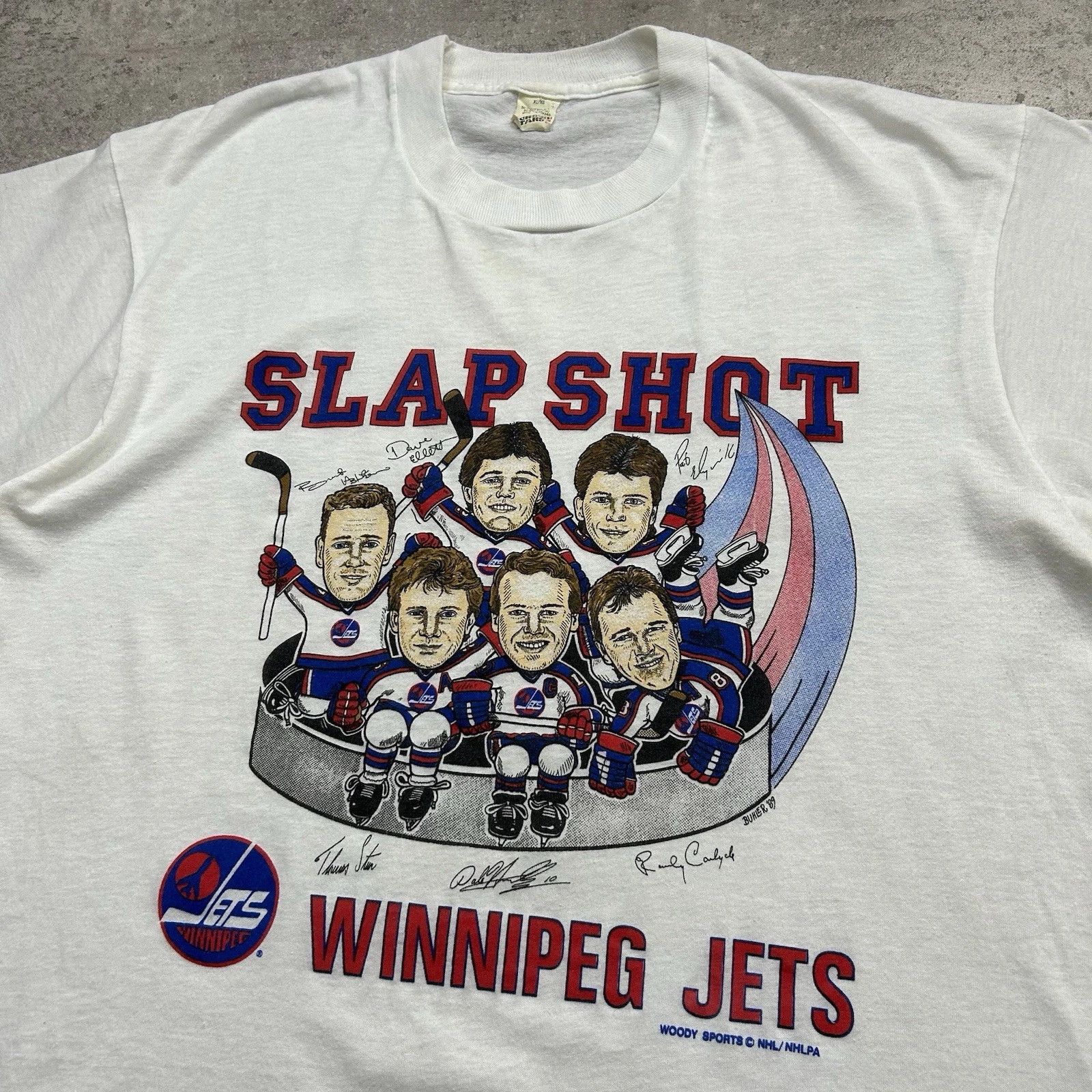 NHL × Vintage WINNIPEG JETS SLAP SHOT CARICATURE T-SHIRT 1989 SIZE XL Size US XL / EU 56 / 4 - 2 Thumbnail