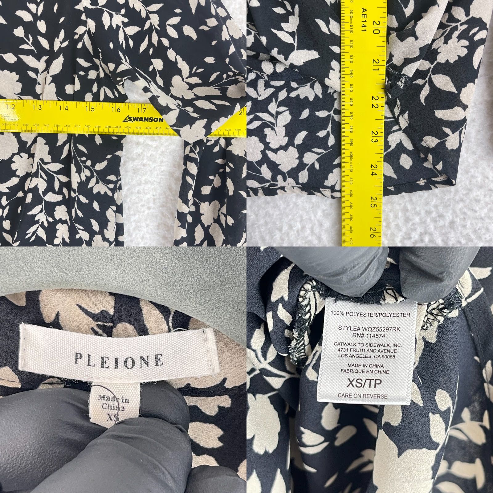 Vintage Pleione Black Floral Print Long Sleeve Shirt Womens XS Draped Neck Sheer, Bohemian Casual Blouse Size XS / US 0-2 / IT 36-38 - 8 Thumbnail