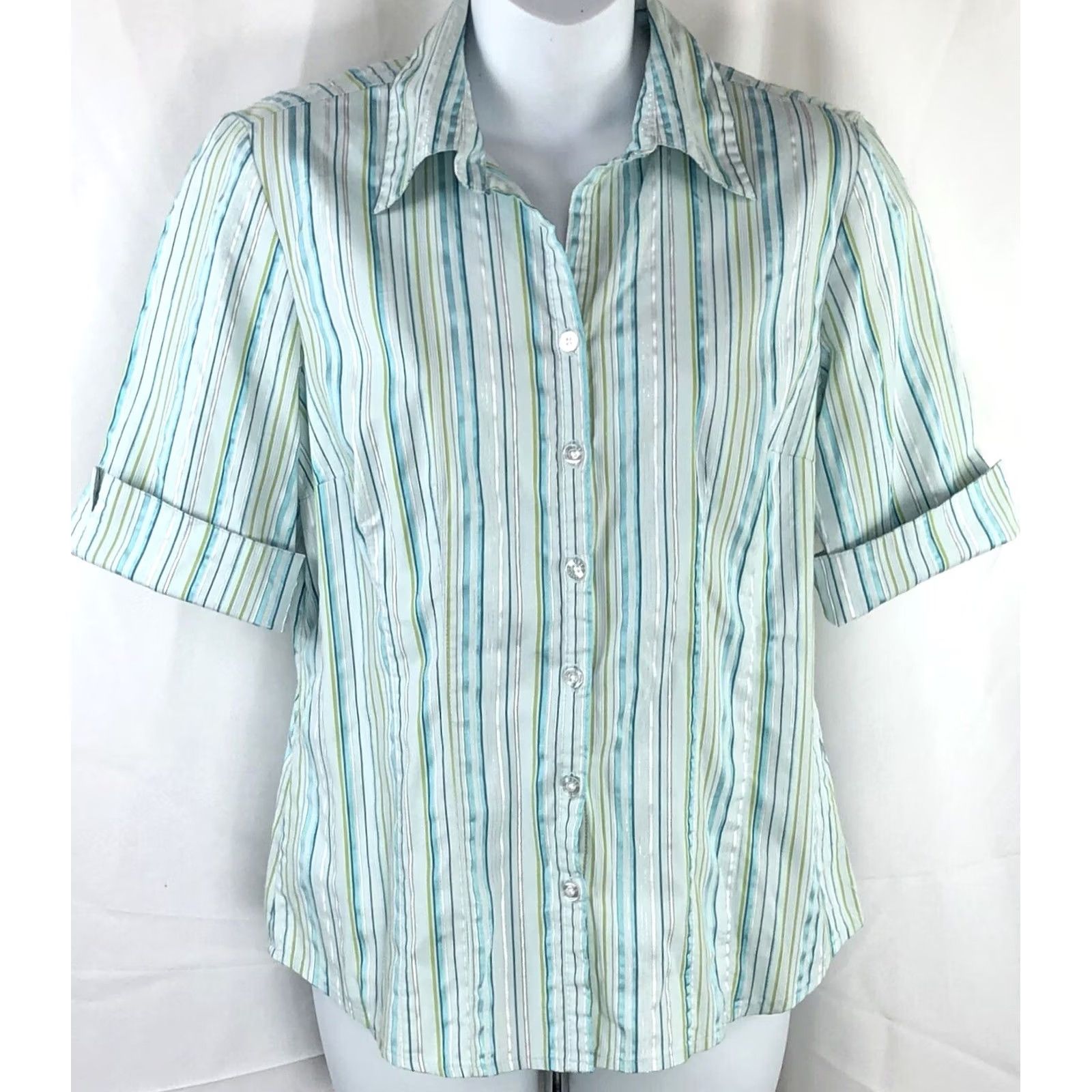 Vintage VINTAGE Studio 1940 Top M Green stripe Button Up 3/4 Sleeves Office Y2K Capsule Size M / US 6-8 / IT 42-44 - 5 Thumbnail